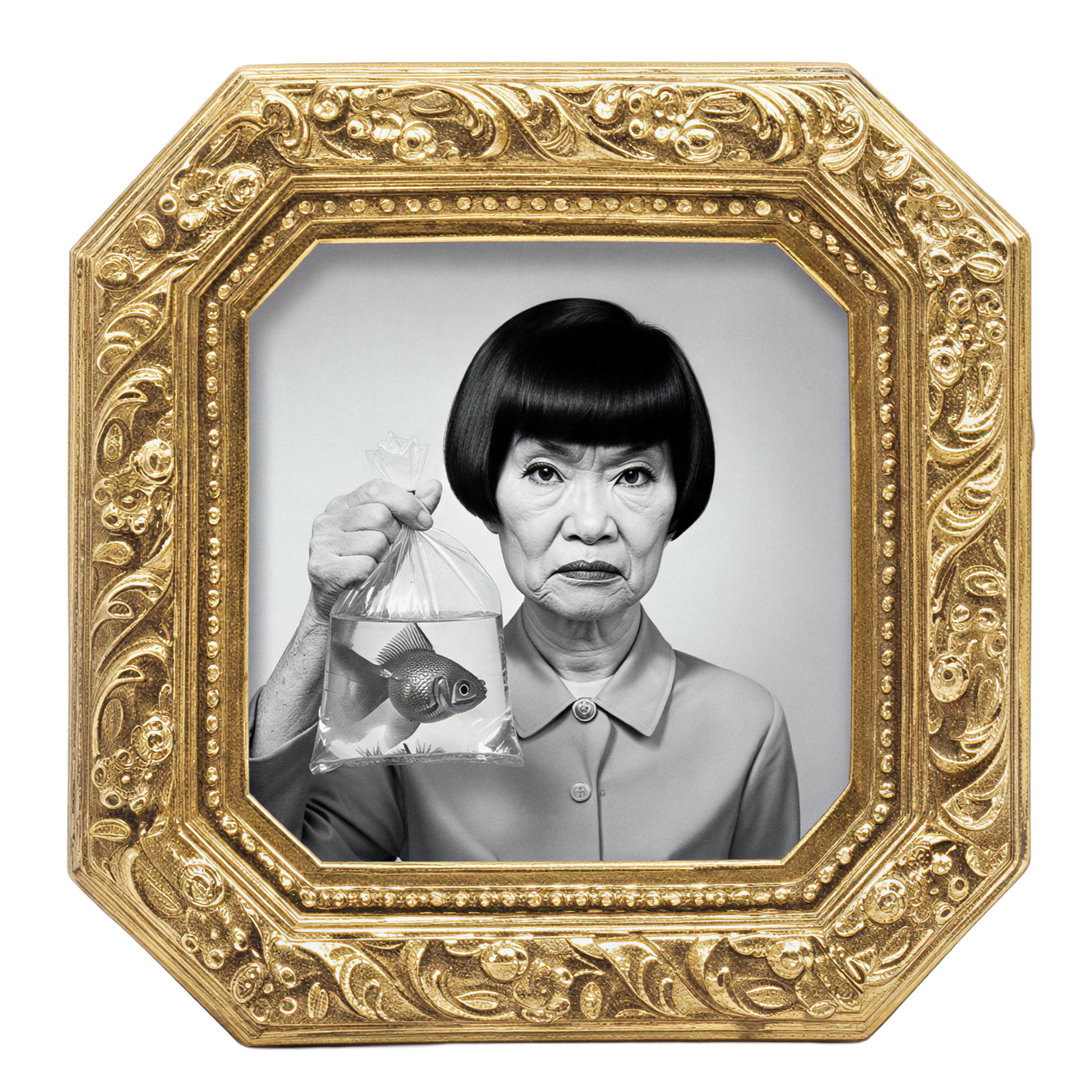 A black and white photograph of an older woman with a stern expression, holding a plastic bag with a goldfish inside. The photograph is framed in an ornate, gold-colored frame.