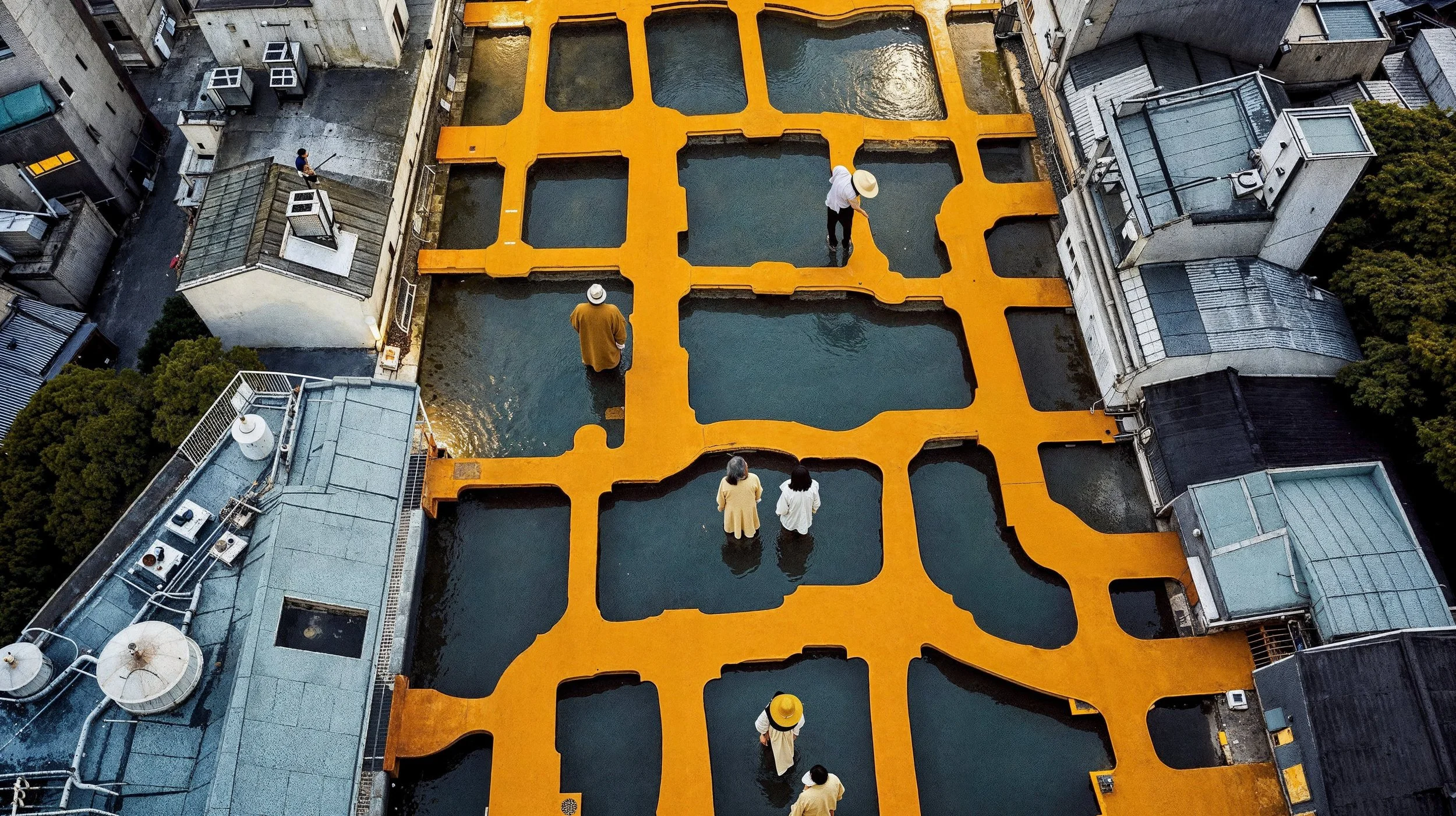 An aerial view of a rooftop with a grid of yellow walkways and small water-filled sections, with six people walking along the paths.