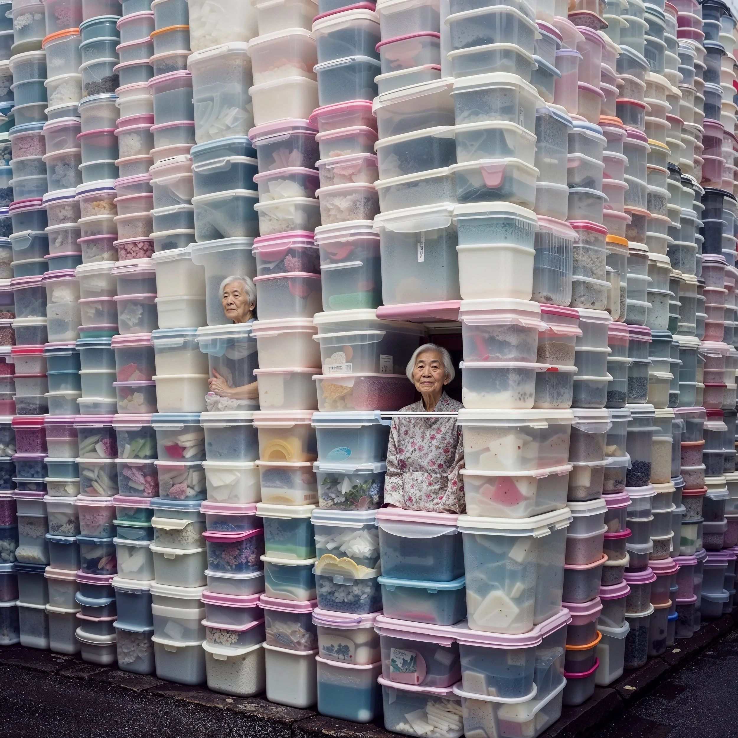 Two elderly women are seen through a small opening in a large wall made of stacked plastic containers filled with various items.
