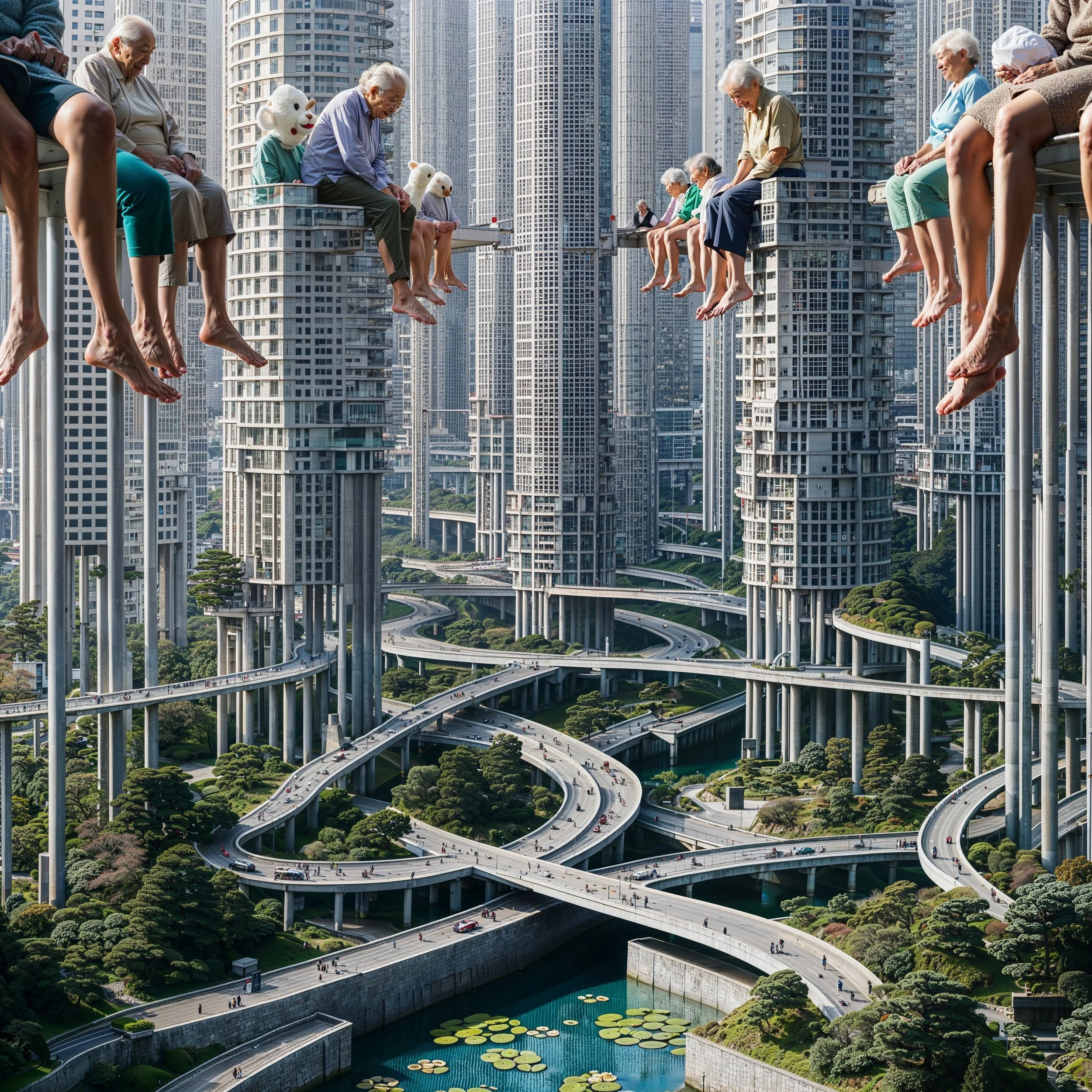 A surreal digital artwork depicts elderly people sitting on a transparent glass ledge high above a city with skyscrapers, some wearing bear masks. Below is a dense urban landscape with winding roads, green parks, and a waterway with water lilies.