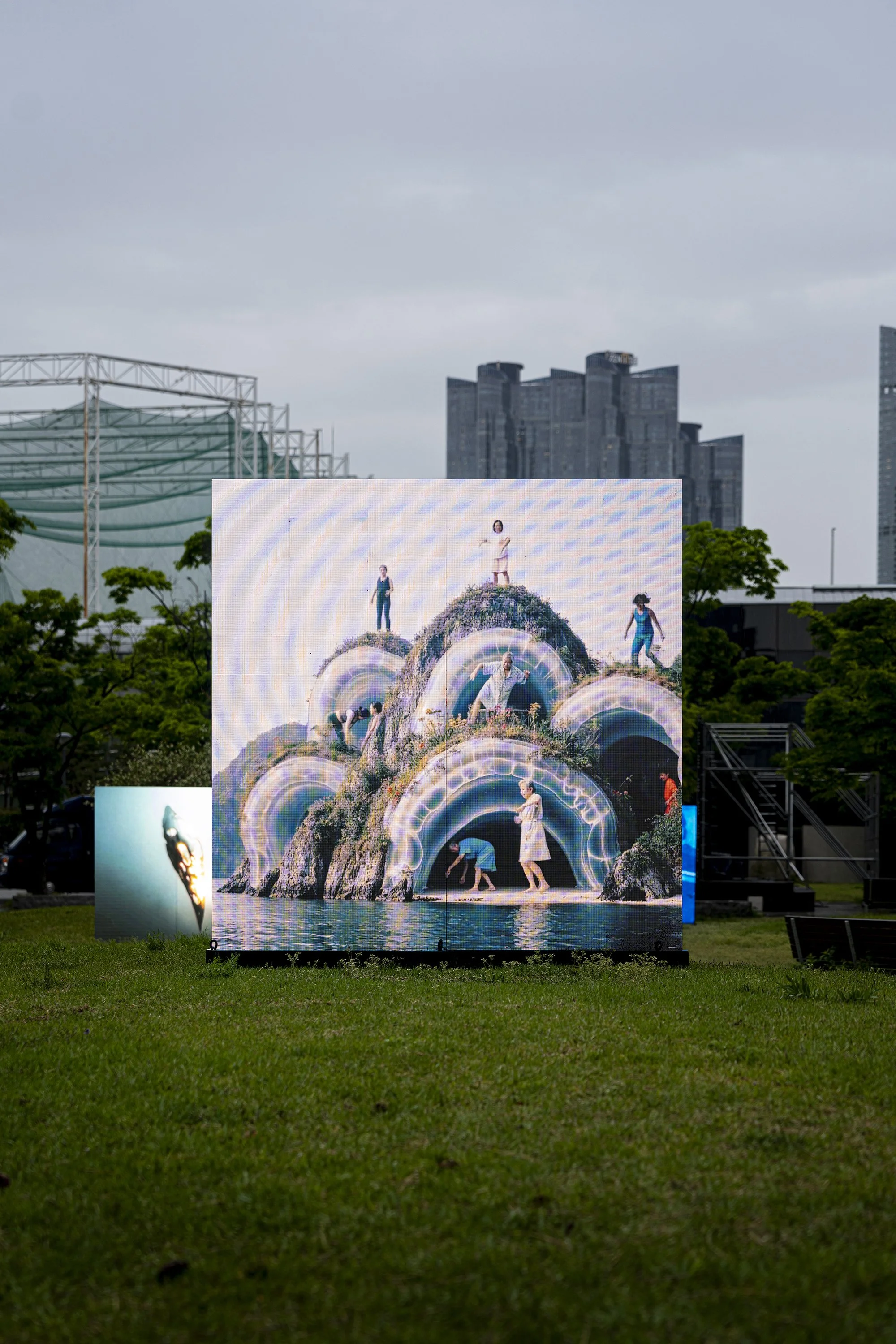 "JellyBay and Why You Don't See Giant Aunties on Land" by niceaunties on a 2x2m outdoor LED screen, Busan Museum of Art Sculpture Garden. Digital Subculture: Narrative & Story in the Digital Era, 23 April to 28 June 2026
