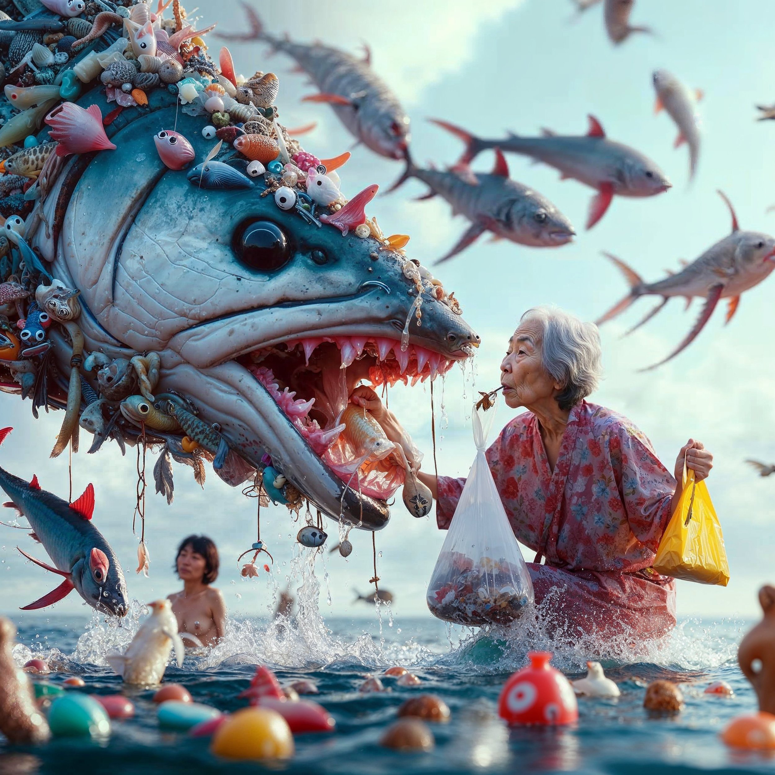 A surreal scene with an elderly woman in the water feeding a giant fish made of garbage and smaller fish. The giant fish's head is adorned with colorful plastic debris and toys. Several real fish are swimming around, and a woman in the background wat