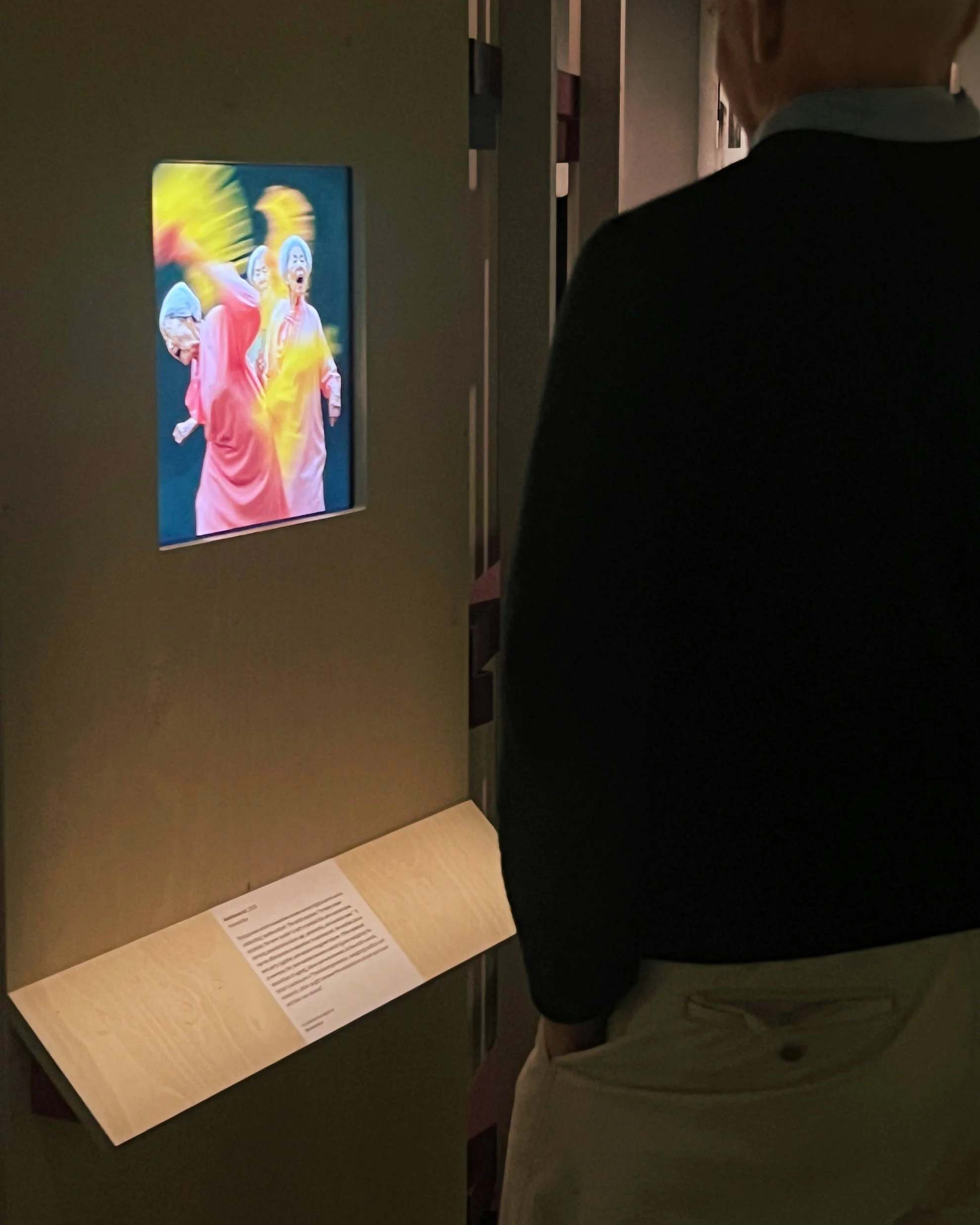 Person wearing a dark jacket and light-colored pants standing in front of an interactive digital screen displaying an image of two people in traditional clothing, with colorful powder or paint on their faces, at an exhibition or museum.