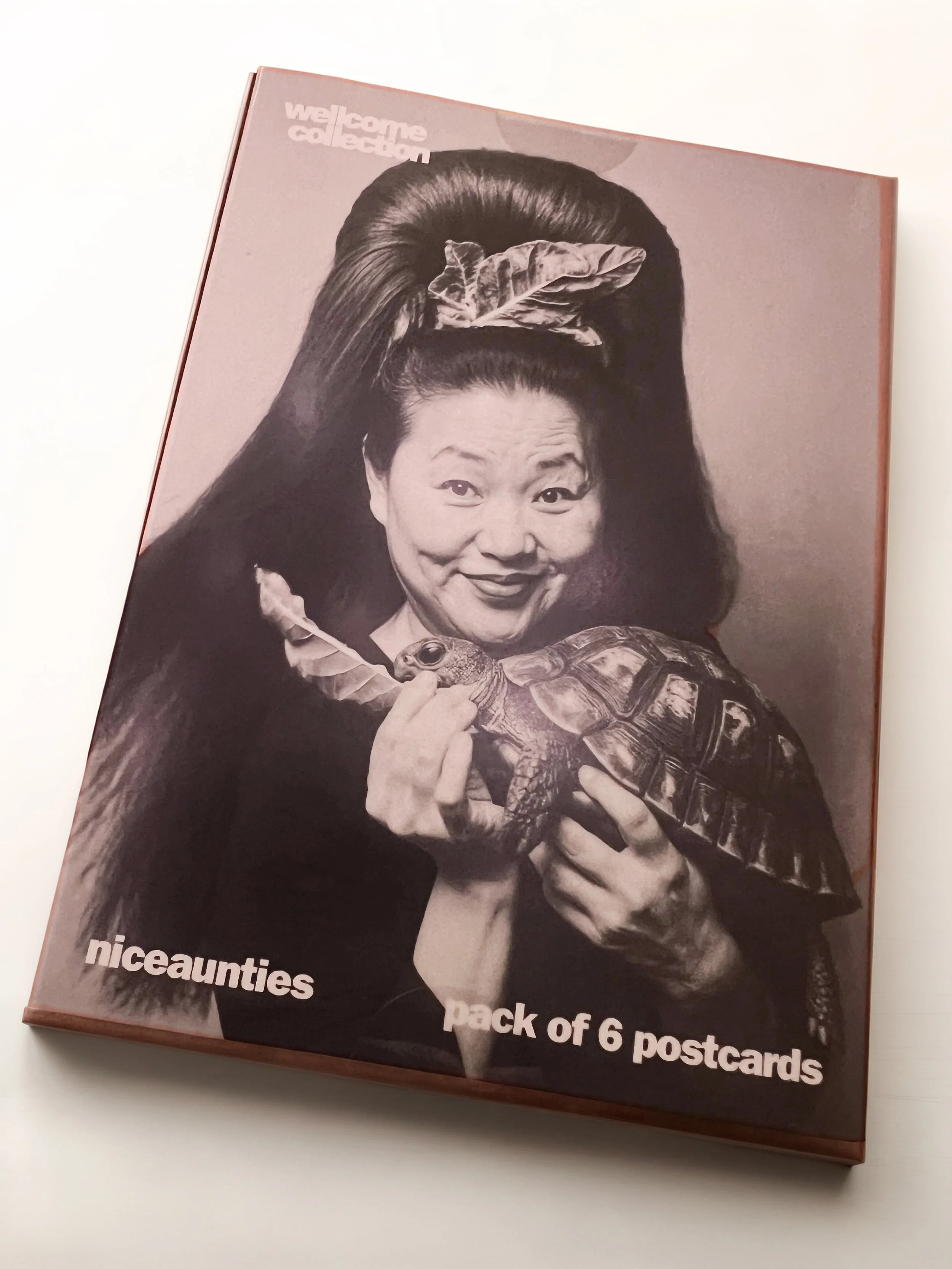 Packaging of a pack of 6 postcards features a black and white photo of an Asian woman holding a tortoise and a leaf, with text reading 'welcome collection,' 'niceaunties,' and 'pack of 6 postcards'.