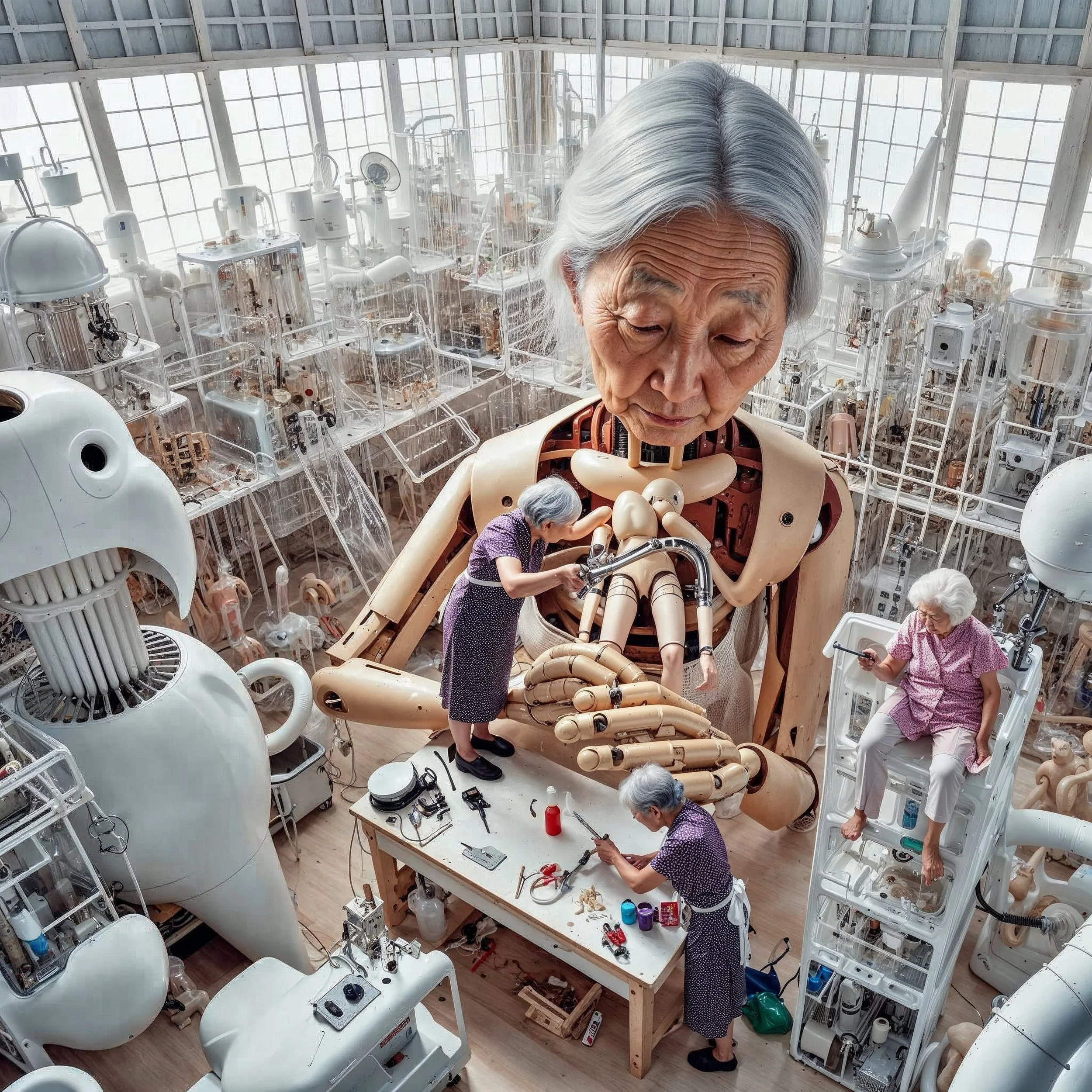 Elderly women working on assembling a large humanoid robot in a lab filled with various robot parts and equipment.