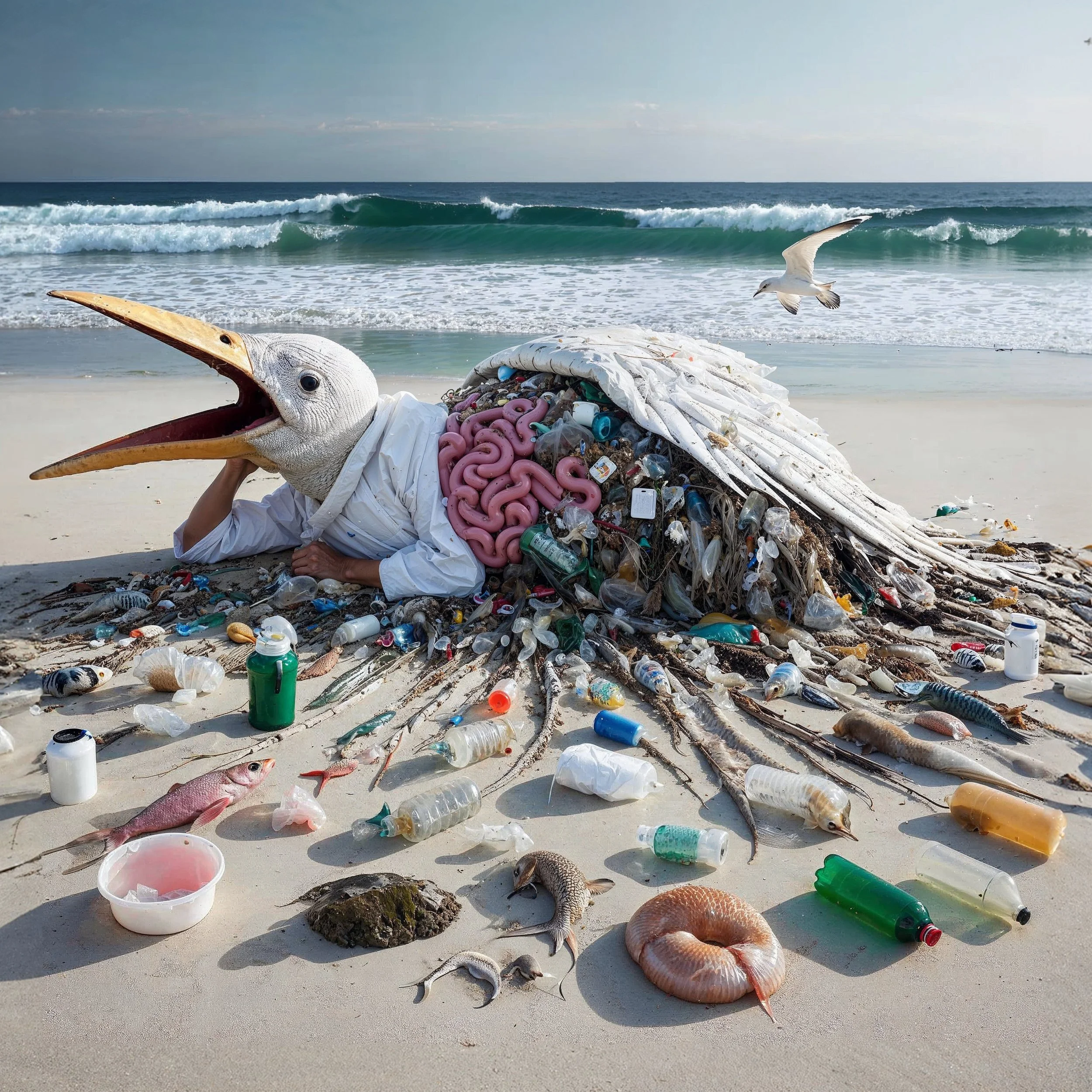 A person with a bird's head mask lying on a beach covered in trash, including bottles, plastic, and marine debris, with waves in the background and a seagull flying above.
