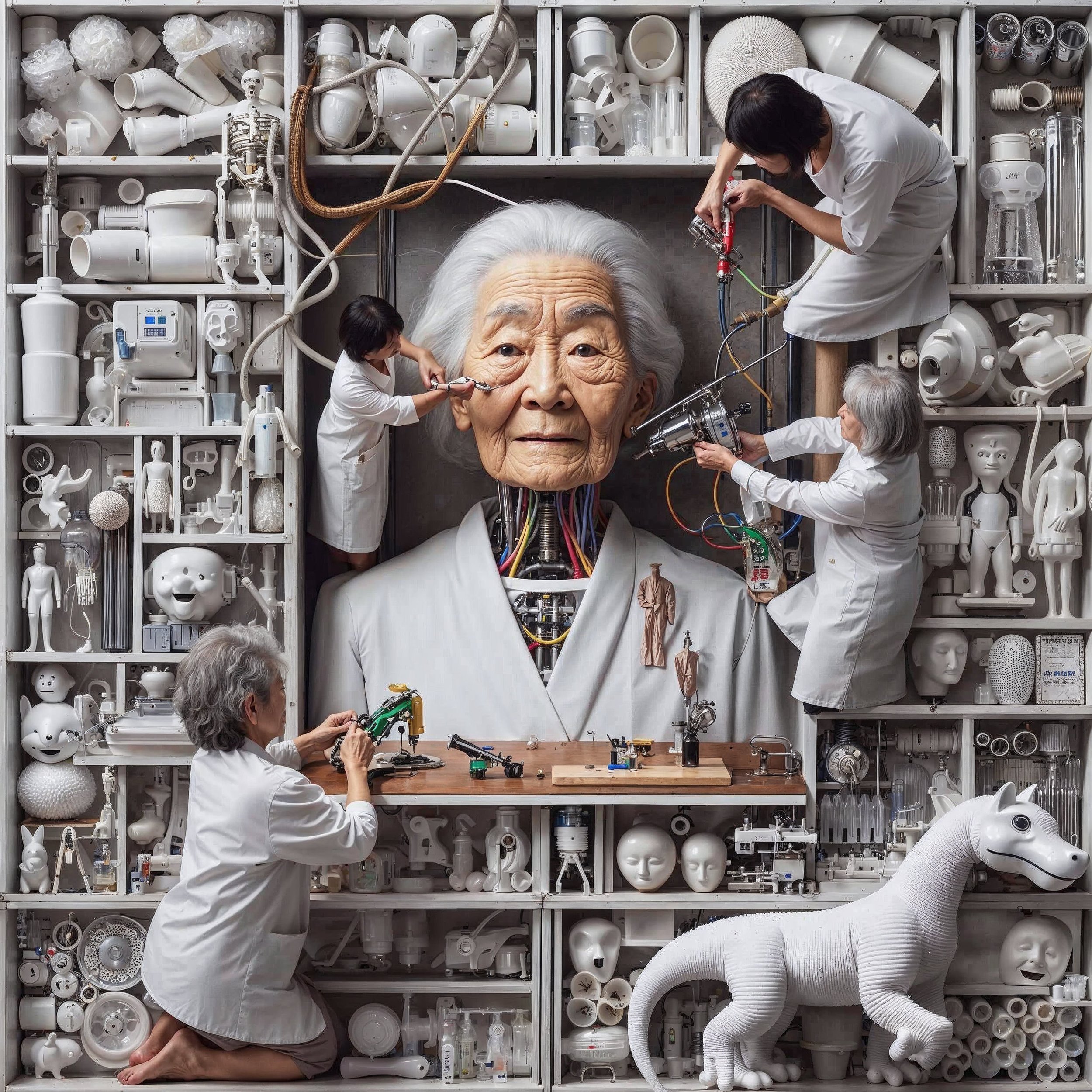 A large collage of an elderly woman’s face and neck, with miniature robotic scientists working on her. The scientists are fixing her face, brain, and neck with various tools, surrounded by an array of white plastic and ceramic objects, including head