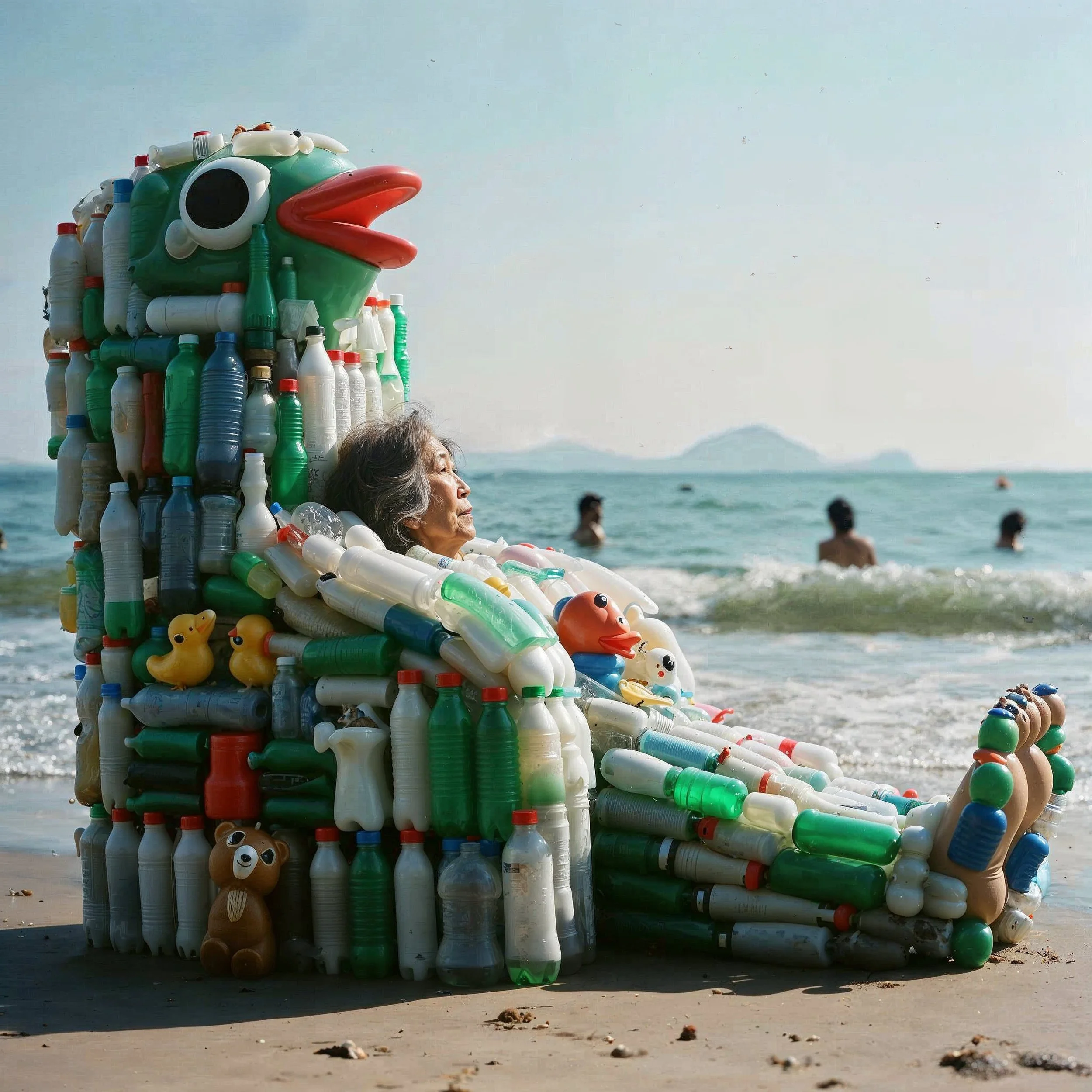 An elderly woman sitting on a beach, dressed in a costume made from plastic bottles, rubber ducks, and other recyclable materials, resembling a large bird or creature.