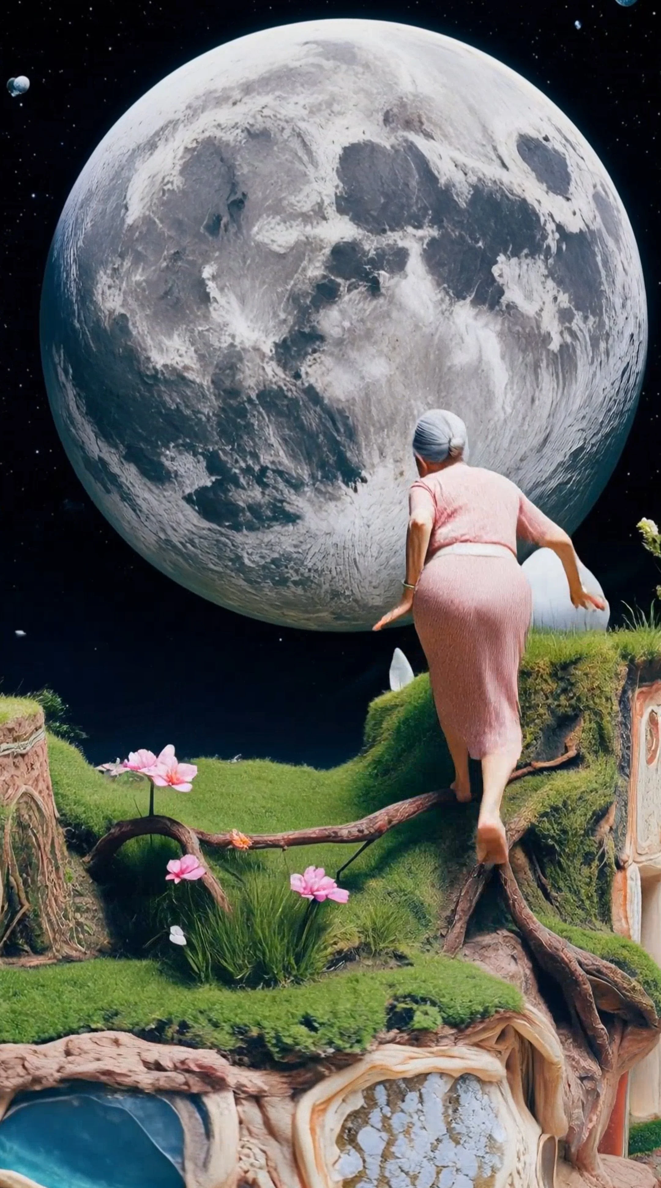 A surreal scene with a large moon in the sky, an elderly woman with white hair and a pink dress walking along a mossy, green landscape with pink flowers and tree roots, as if floating in space.