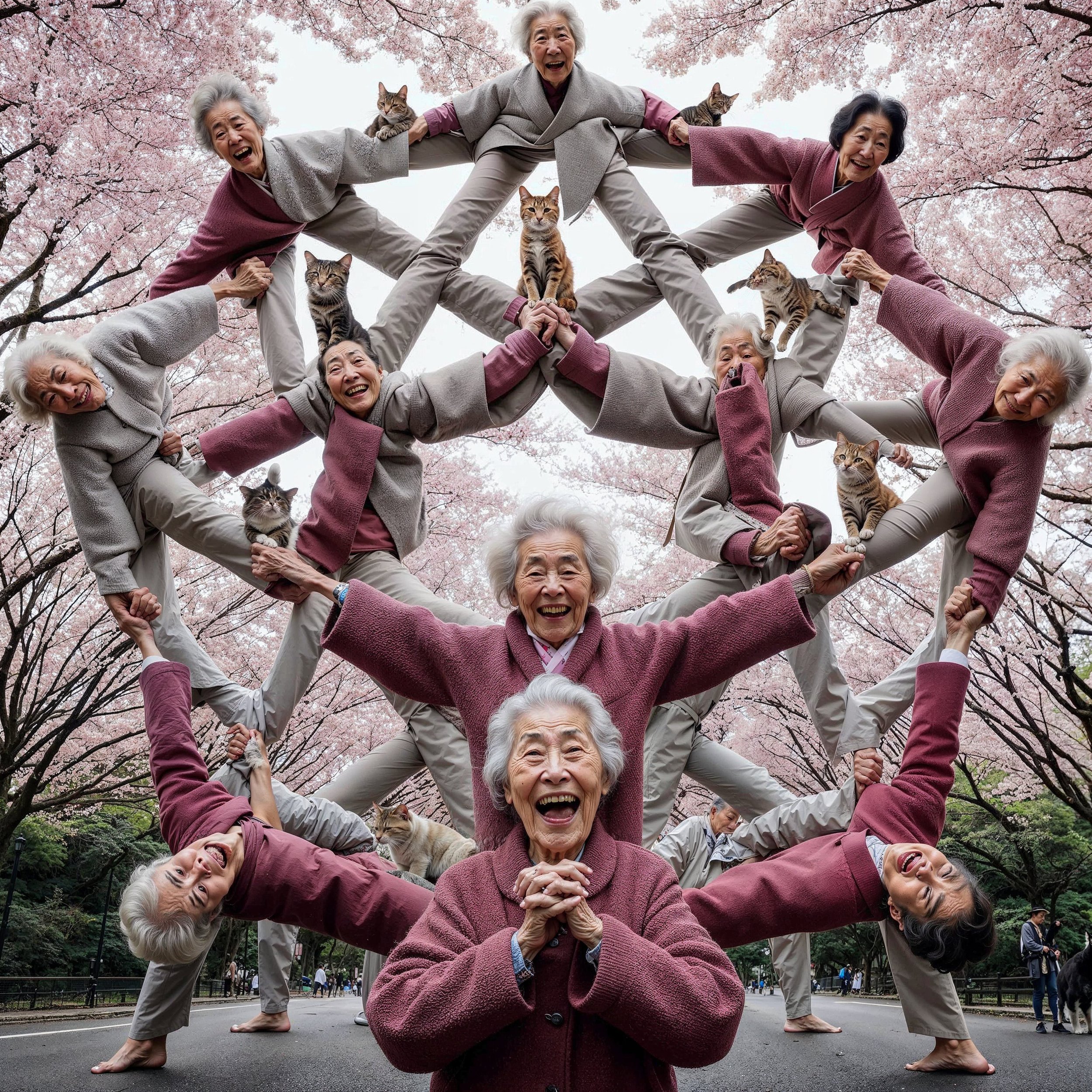 Multiple elderly women performing a balanced yoga pose with cats on their arms and shoulders, set against cherry blossom trees in a park.