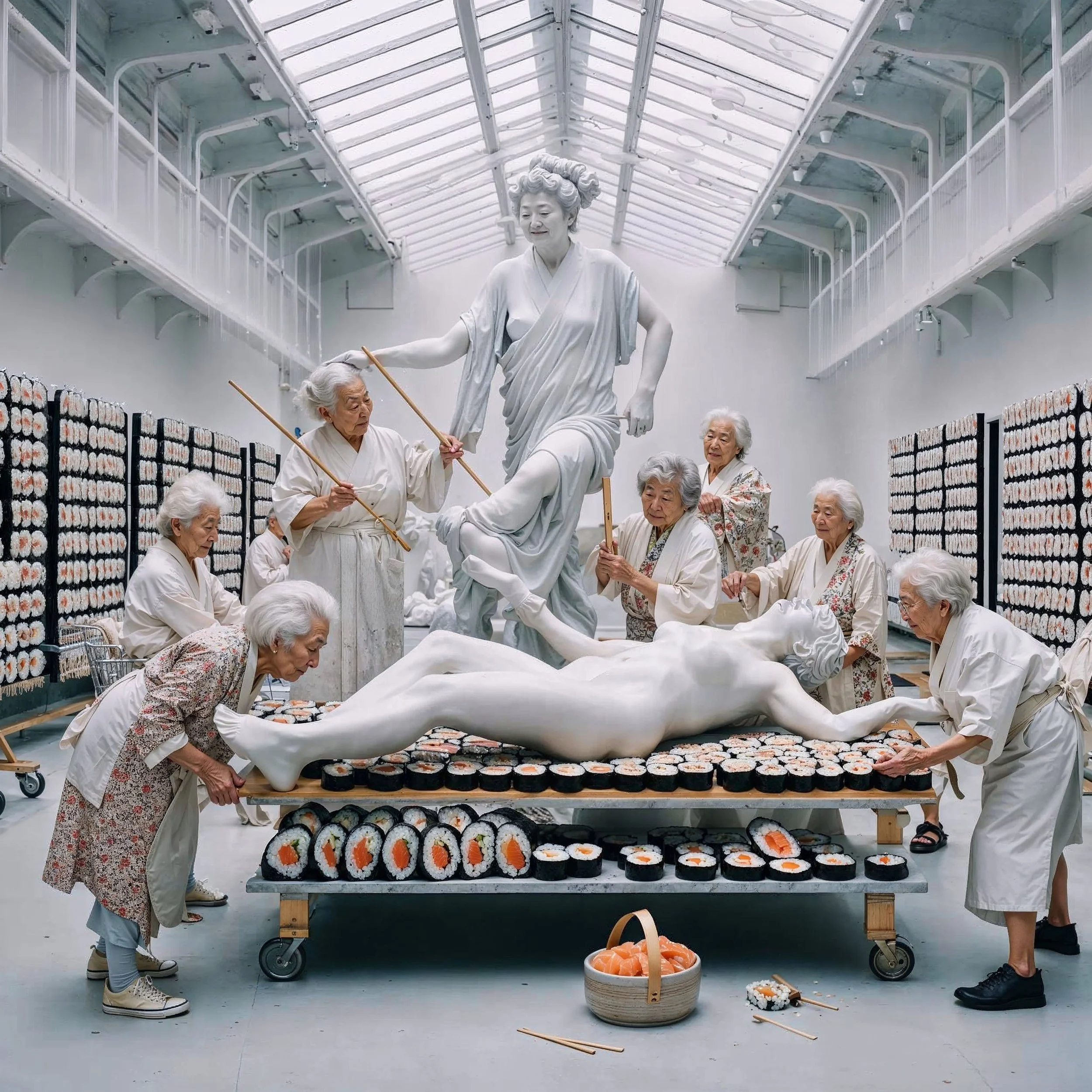 A group of elderly women dressed in white and floral kimonos creating an artistic sculpture of a person, surrounded by sushi rolls, in a bright, spacious industrial-style art studio with a glass ceiling.