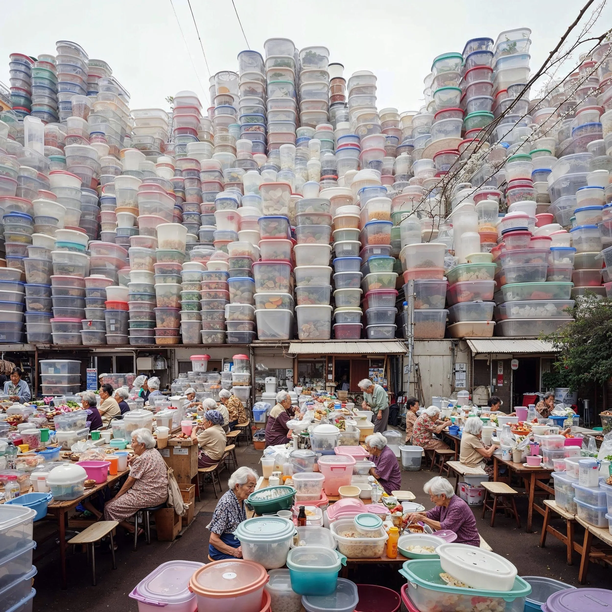 A lively outdoor market filled with elderly people sitting at tables, surrounded by numerous large plastic containers filled with various foods; an expansive wall of stacked plastic storage bins is visible behind them, reaching high into the sky.