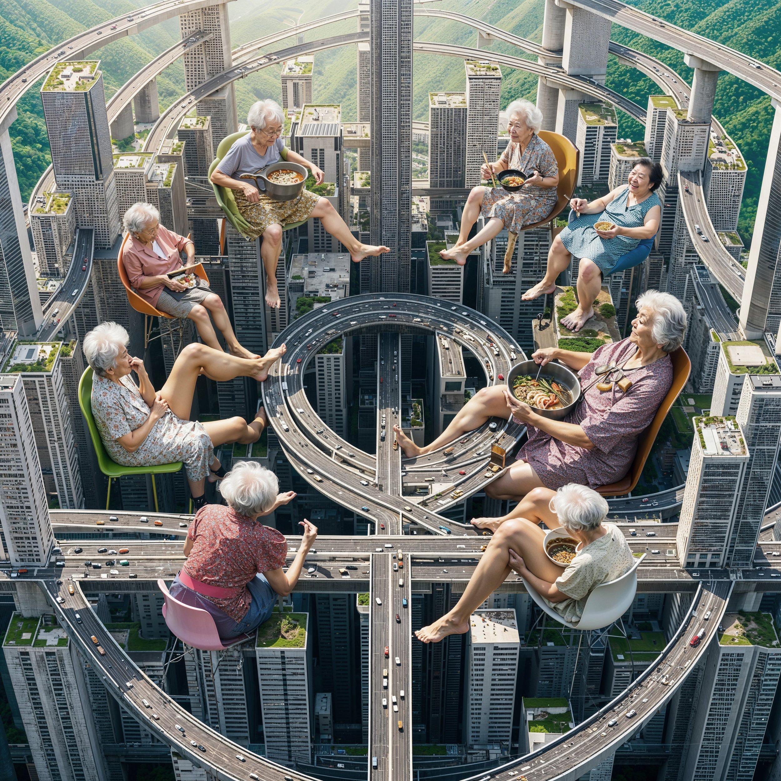Elderly women sitting on chairs and eating meals while floating above a cityscape with tall buildings and interconnected highways.