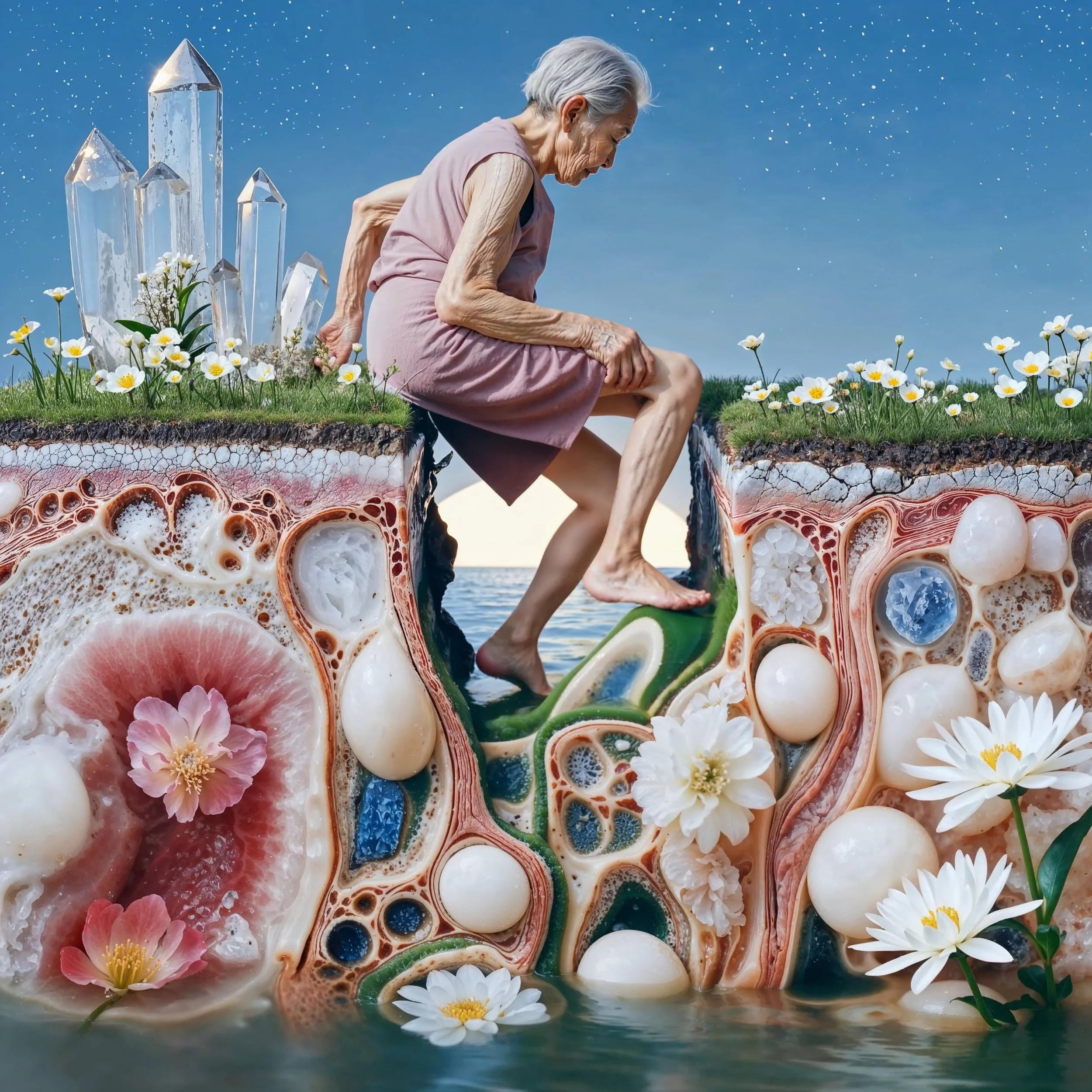 Elderly woman sitting on the edge of a cross-section of earth, with grass, flowers, and crystals on top, over water, in a fantasy scene.