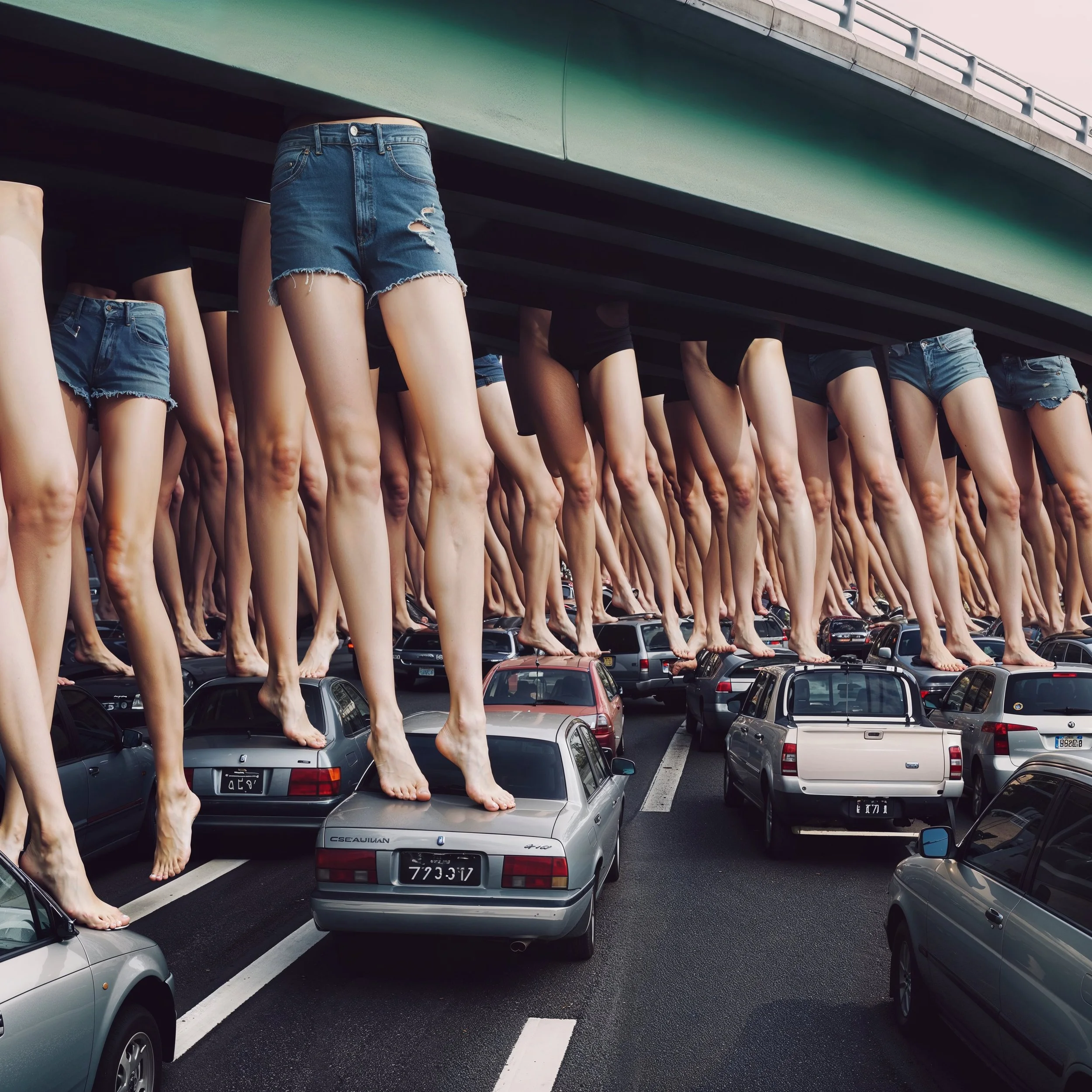 Multiple pairs of human legs, wearing shorts and standing on cars beneath a bridge, with the legs appearing to be floating above the vehicles in a surreal scene.