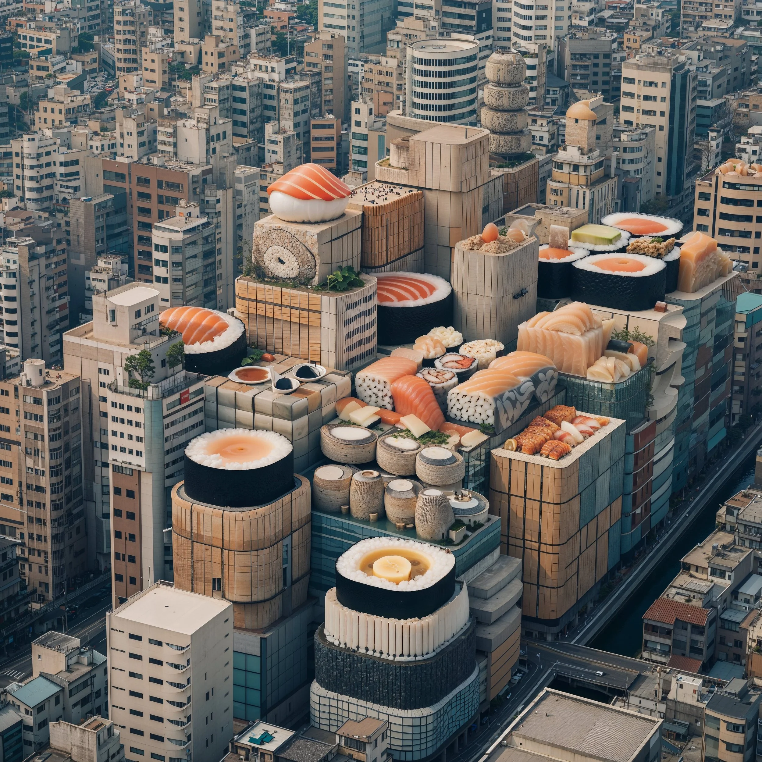 An aerial view of a cityscape with large sushi and sashimi sculptures constructed on top of buildings, resembling a sushi restaurant.