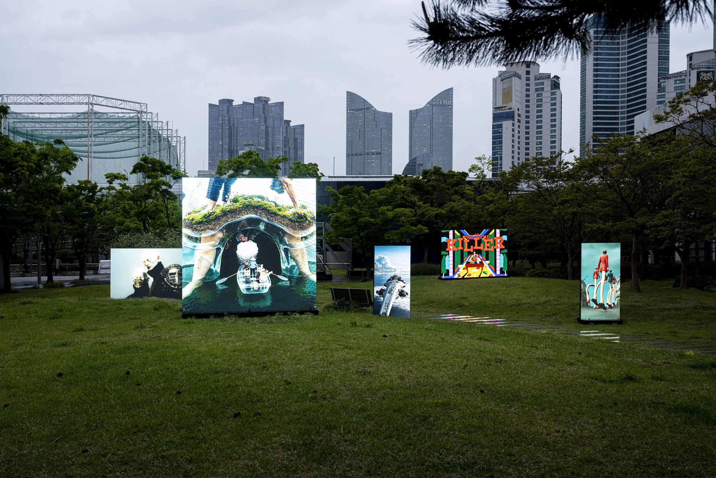 "JellyBay and Why You Don't See Giant Aunties on Land" by niceaunties on a 2x2m outdoor LED screen, Busan Museum of Art Sculpture Garden. Digital Subculture: Narrative & Story in the Digital Era, 23 April to 28 June 2026