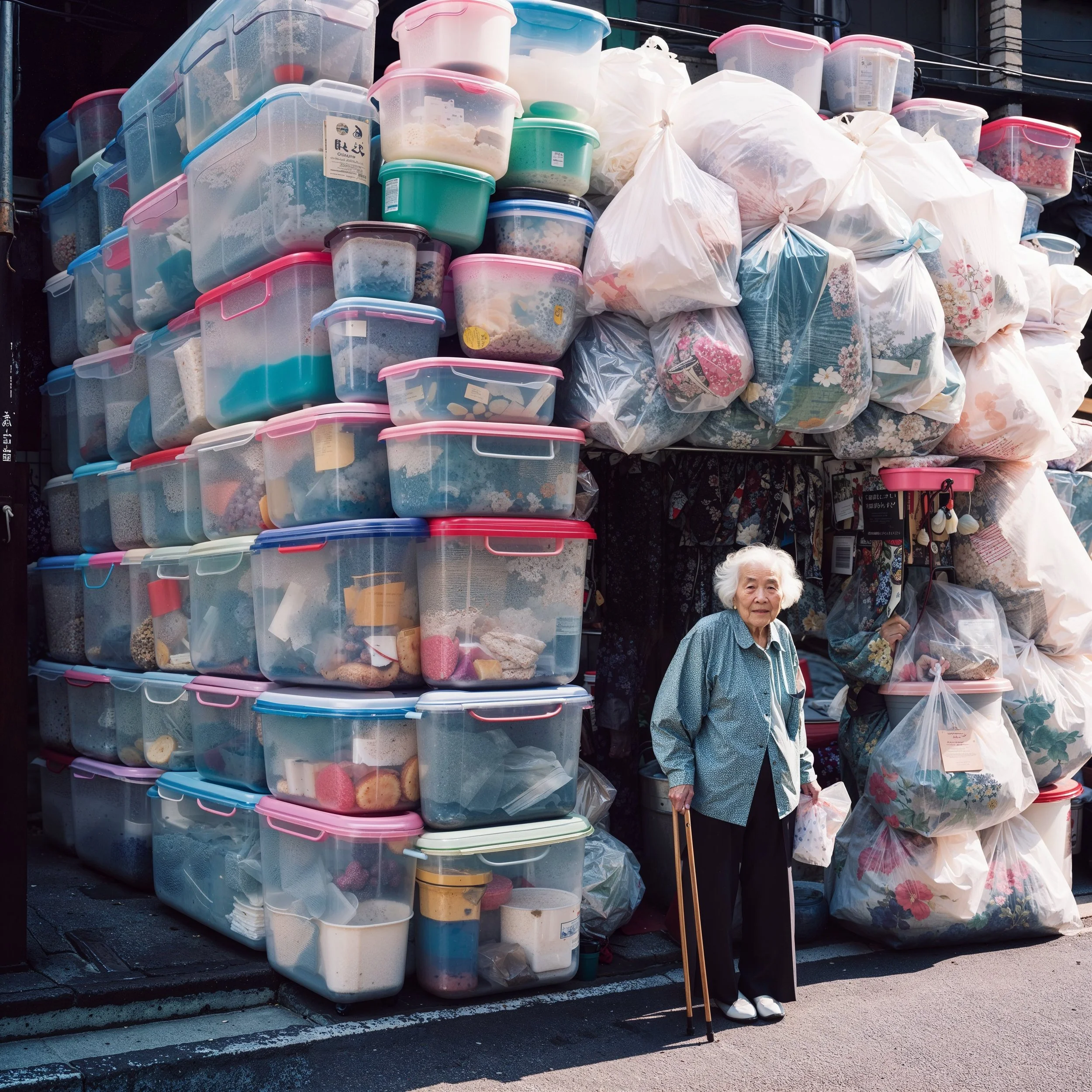 An elderly woman with white hair, wearing a blue shirt, stands outside with a cane, in front of large piles of plastic storage containers and plastic bags filled with various items, likely recycling or donations.