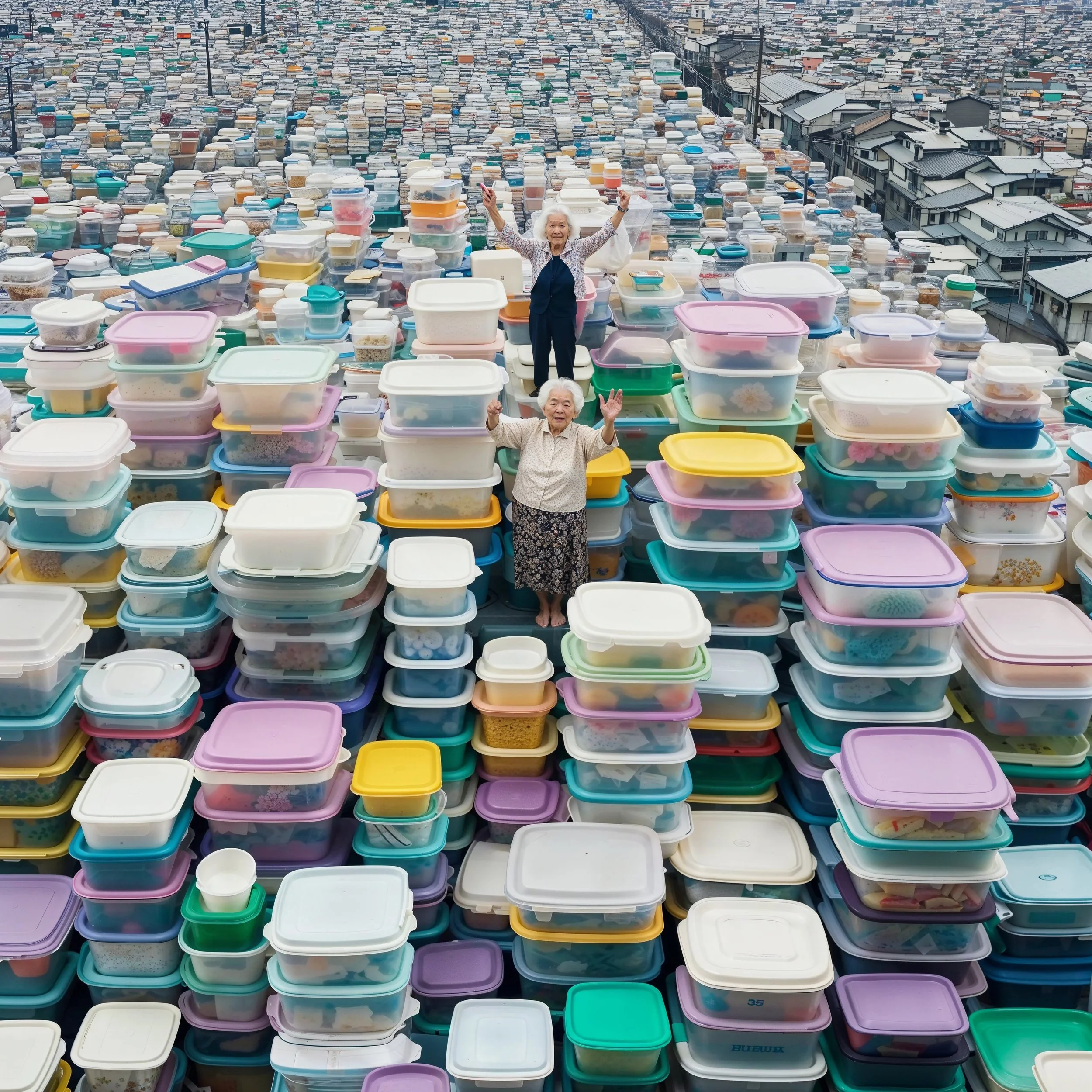 Two elderly women standing on a large many-layered stack of colorful plastic storage containers, outdoors in a cityscape background. The women are smiling and raising their arms.