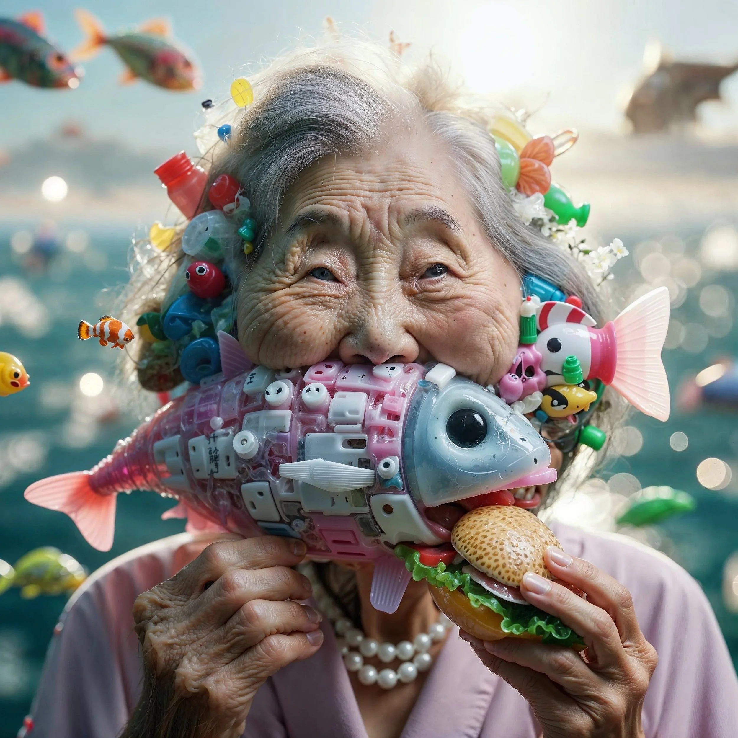 An elderly woman with gray hair and a pearl necklace holding a toy fish with a sandwich in its mouth, decorated with small plastic toys and bubbles, near a body of water with floating toys.