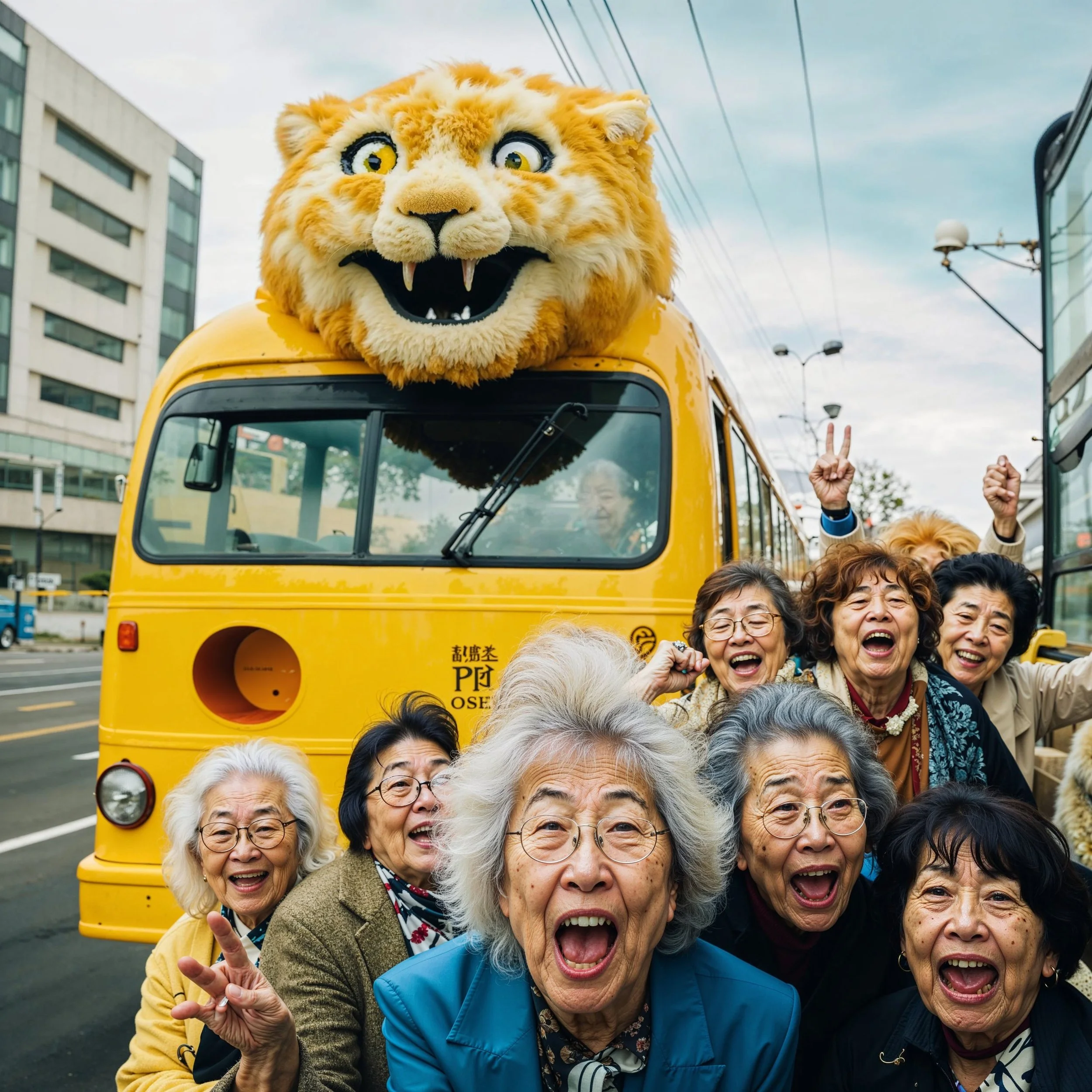 A group of elderly women smiling and posing in front of a yellow bus with a large lion mascot head on top, on a city street.