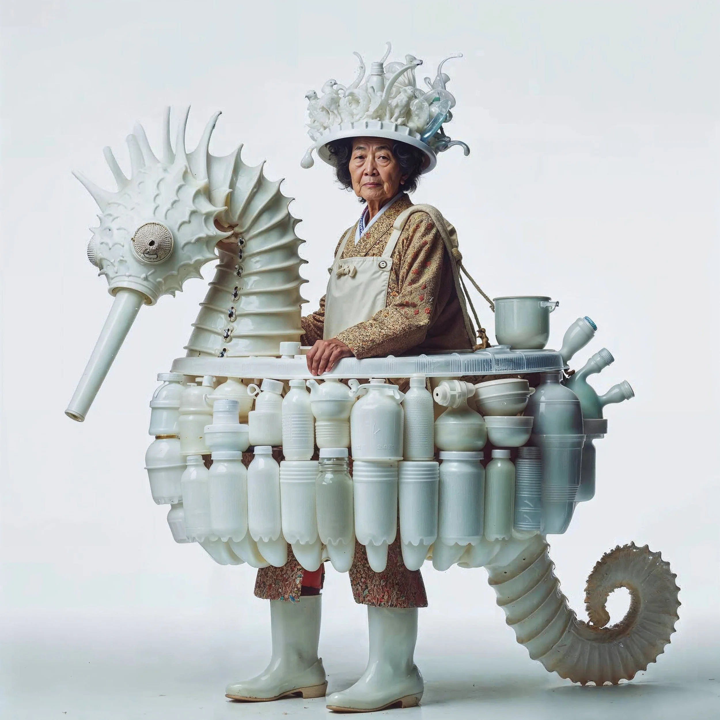 An elderly woman wearing a beige apron and floral dress standing inside a whimsical, sea creature-inspired costume made of white plastic bottles and pipes, with a shell-shaped hat and a seahorse-shaped headpiece.