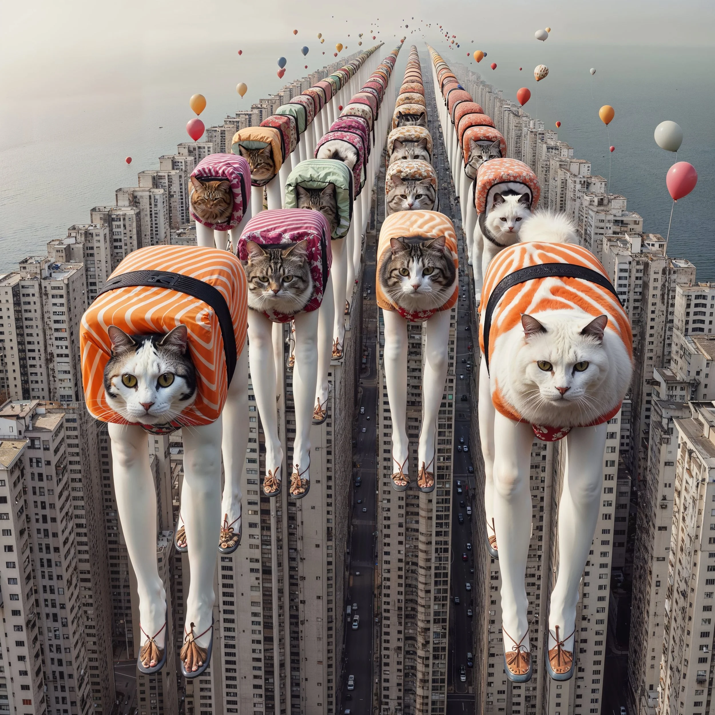 Multiple cats dressed in orange and green hoodies, appearing to walk on tall stilts over a cityscape with high-rise buildings, balloons floating in the sky.
