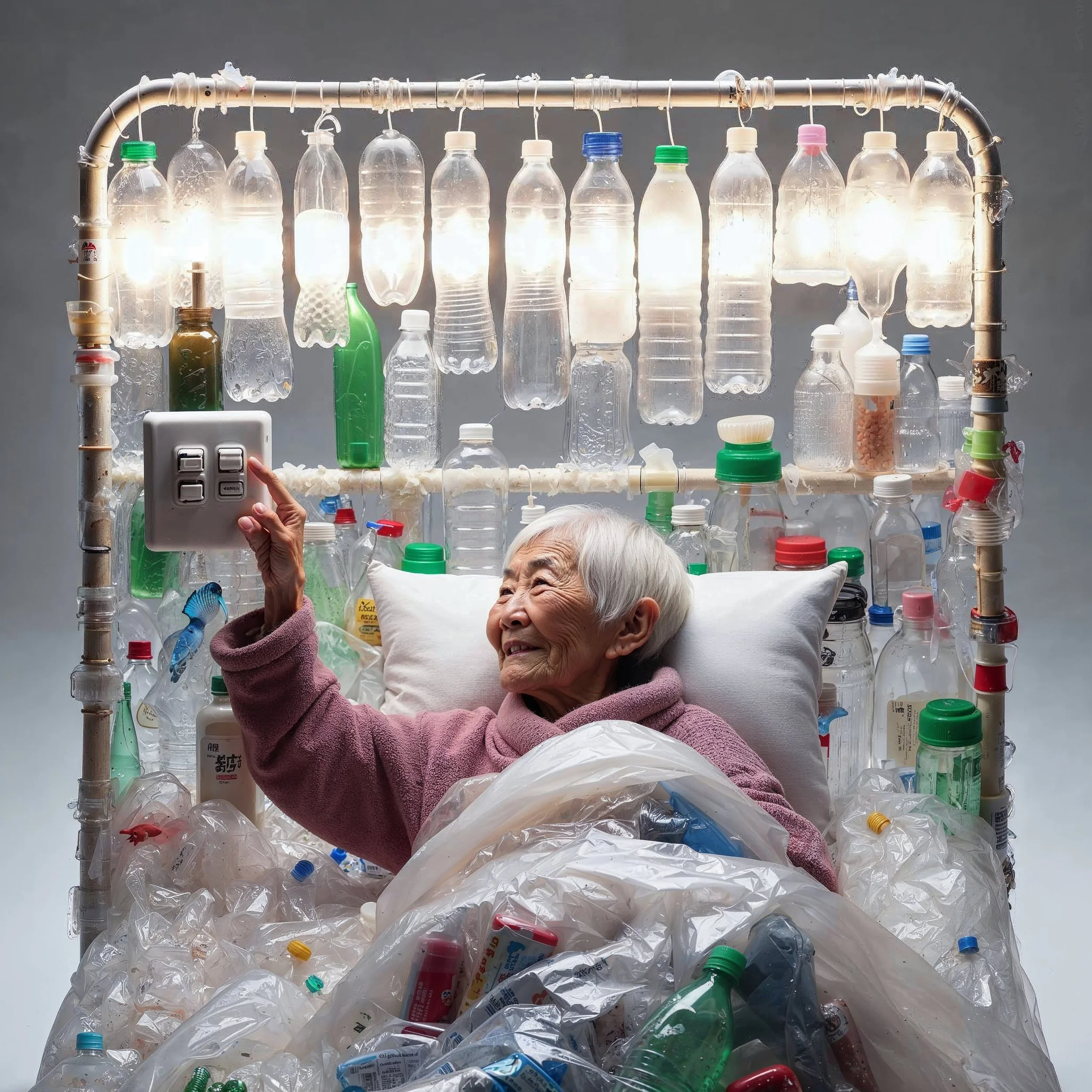 An elderly woman with white hair lying in a bed surrounded by plastic bottles and plastic bags, taking a selfie with her phone, with a frame made of plastic bottles overhead.