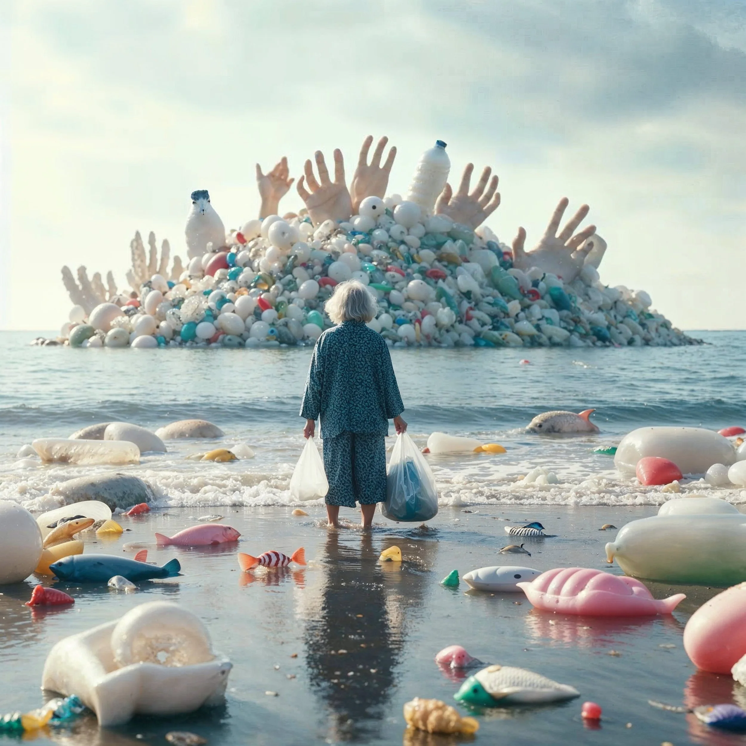 An elderly woman standing in shallow ocean water, holding plastic bags, looking at a mound of plastic and trash with multiple hands and bottles emerging from it in the background.