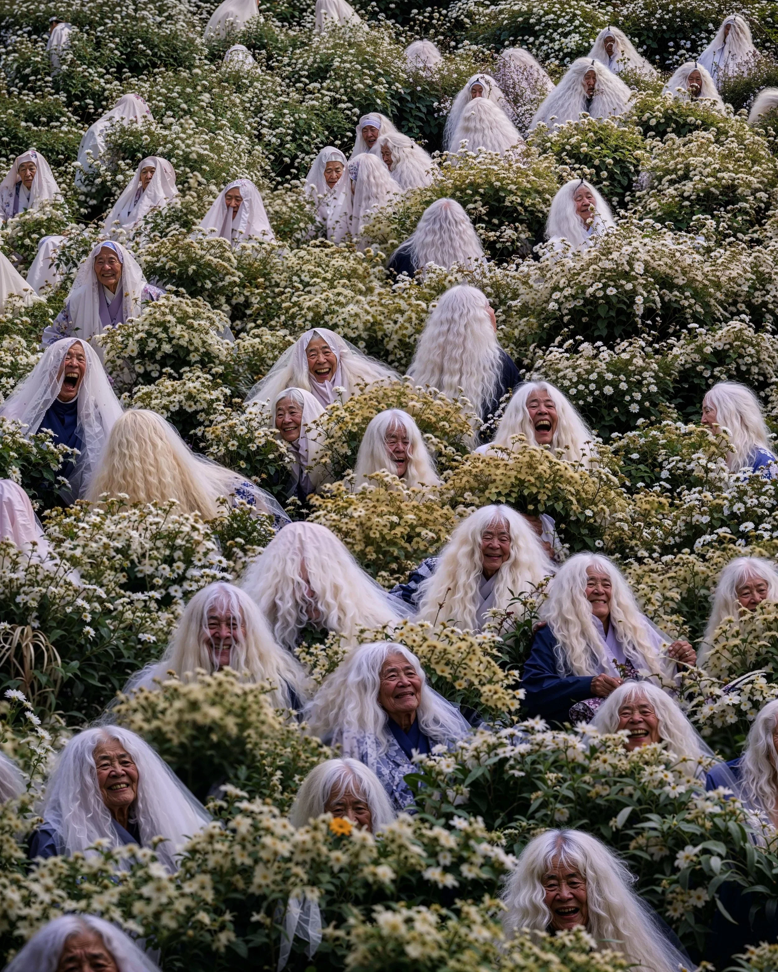 Several women with long white hair, wearing traditional costumes and veils, are laughing and smiling amid shrubbery and white flowers on a hillside.