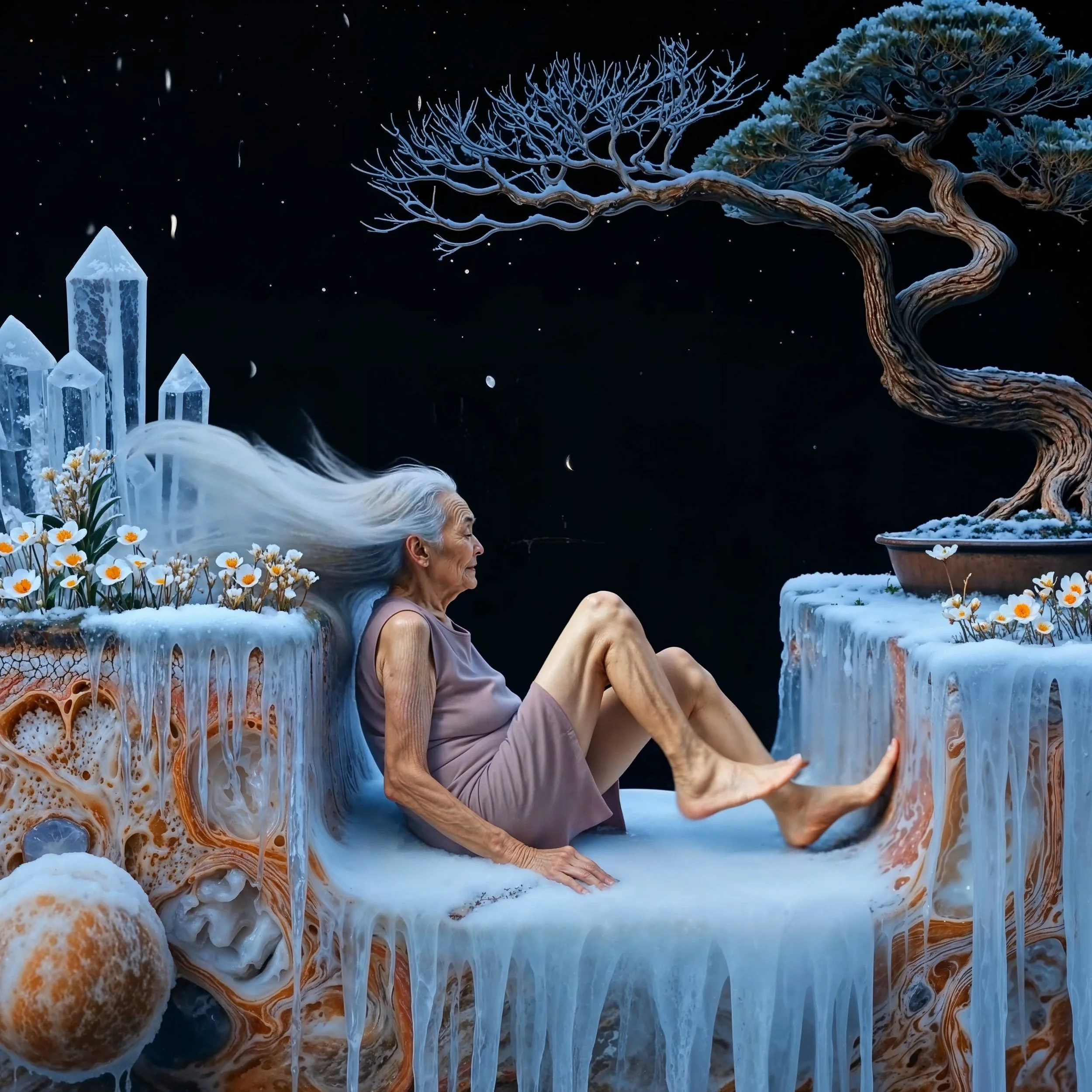 An elderly woman with long, flowing white hair reclining on a surreal, icy landscape at night. The background features a starry sky, a twisted bonsai-like tree, ice formations, and flowers growing out of the icy terrain.