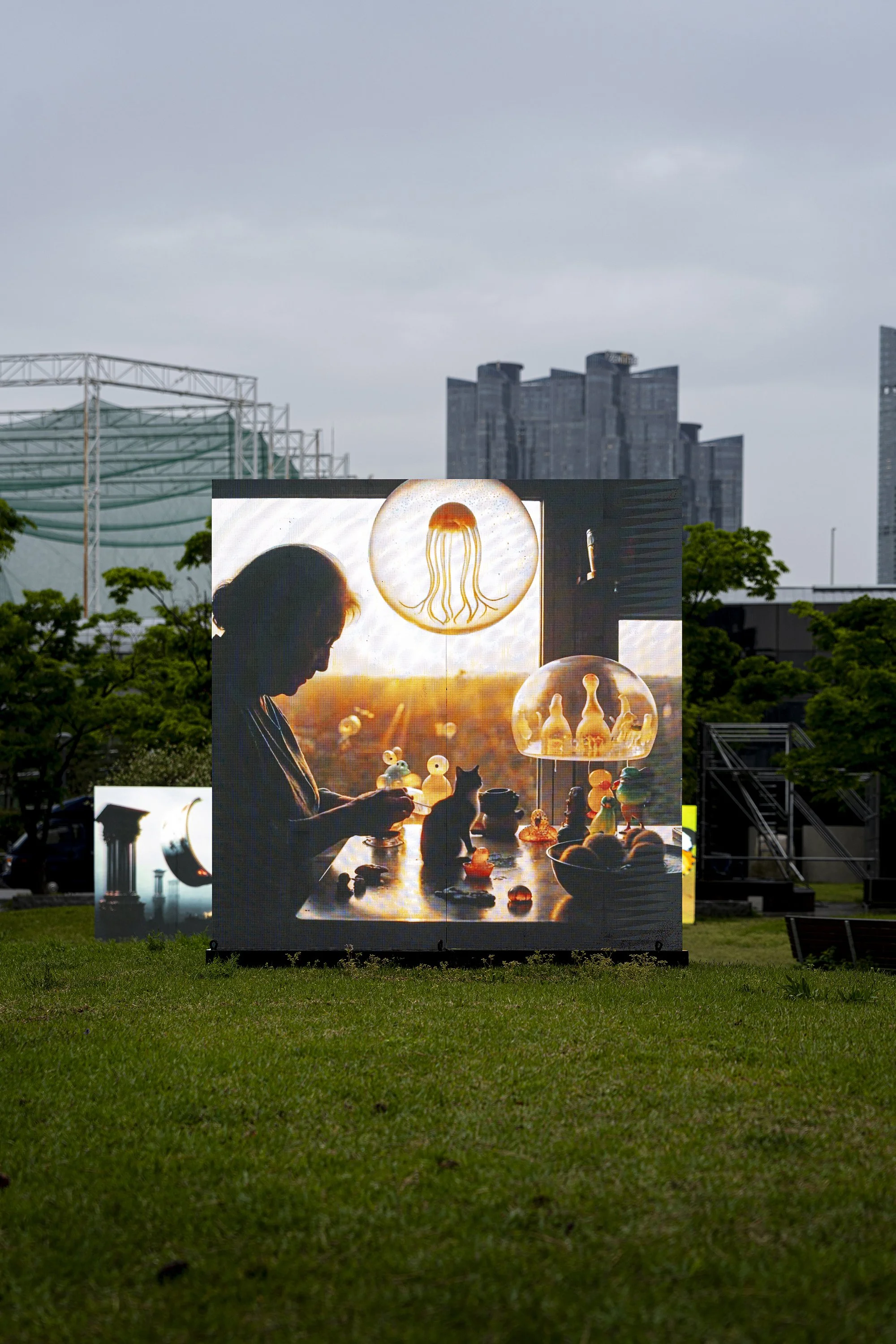 "19:19" by niceaunties on a 2x2m outdoor LED screen, Busan Museum of Art Sculpture Garden. Digital Subculture: Narrative & Story in the Digital Era, 23 April to 28 June 2026
