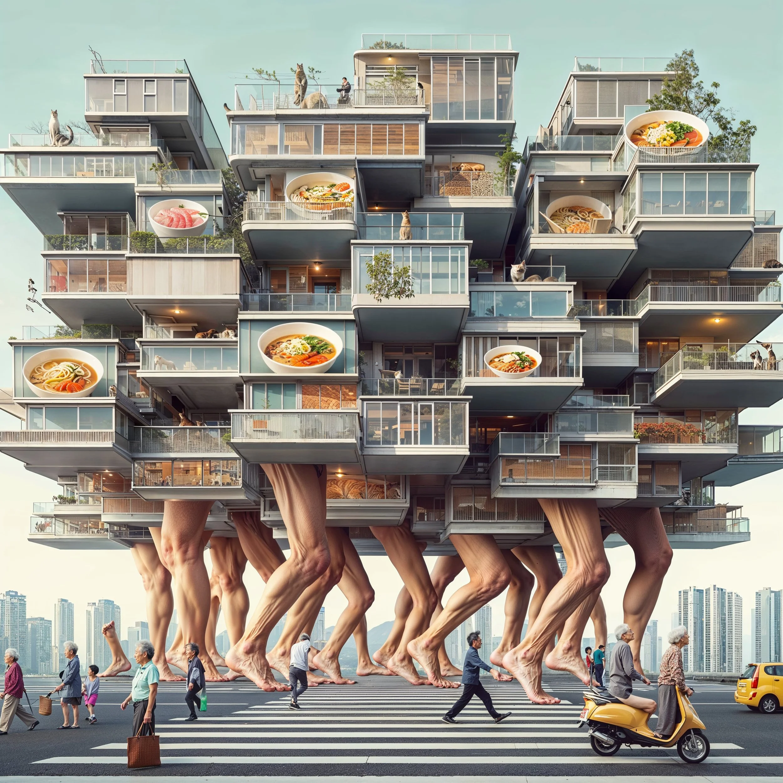 A surreal digital illustration of a large apartment building with human legs supporting it, walking across a city street. The building has glass balconies with plants and cats, and several balconies display images of food like ramen and sushi. People