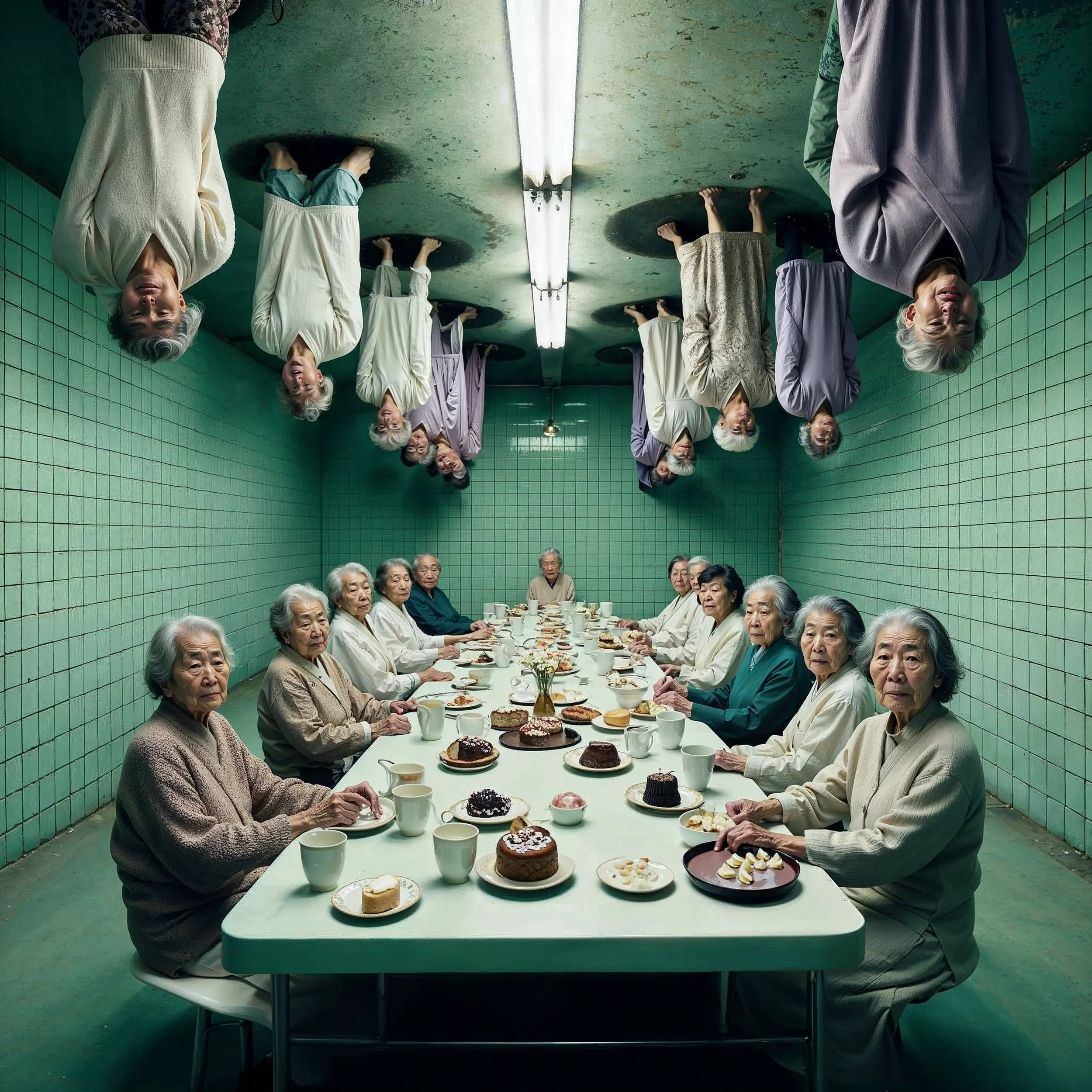 Older women and men sitting around a table with desserts and cups in a green-tiled room, with additional people hanging upside down from the ceiling.