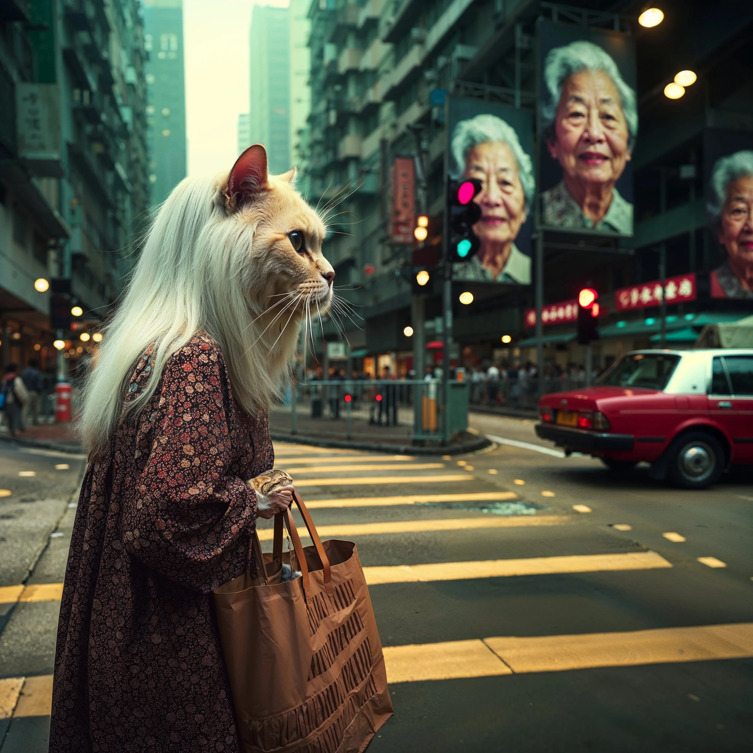 A person with a cat's head, dressed in a patterned dress, standing at a crosswalk in an urban area with tall buildings, billboards, and a red car passing by.
