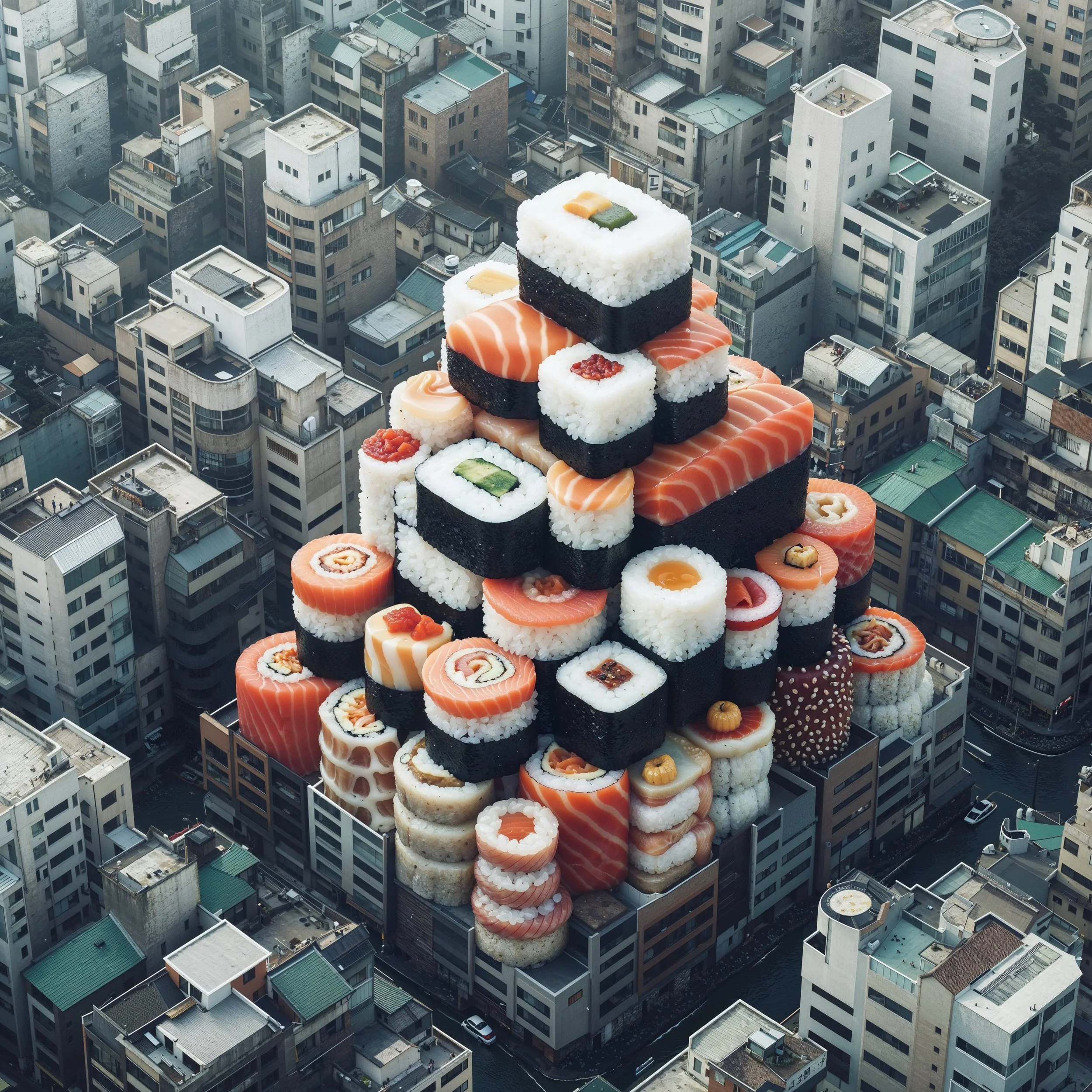 A large cityscape with many tall buildings and skyscrapers. Superimposed over the city is a giant pile of assorted sushi rolls, creating the illusion of a mountain of sushi on top of a building.