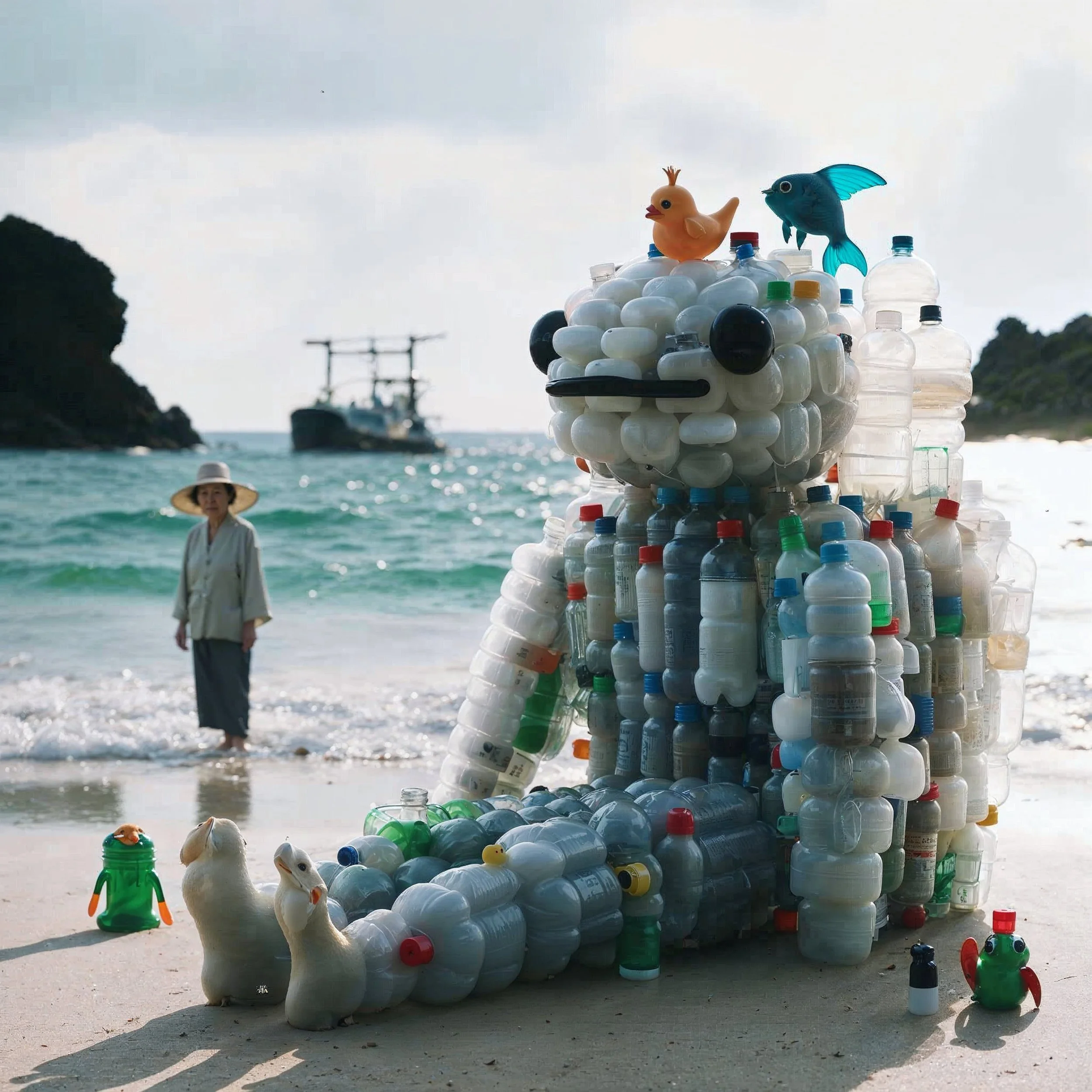 Life-sized sculpture of an animal made from plastic bottles and containers, adorned with rubber ducks and toy fish, on a beach with a woman and boat in the background.