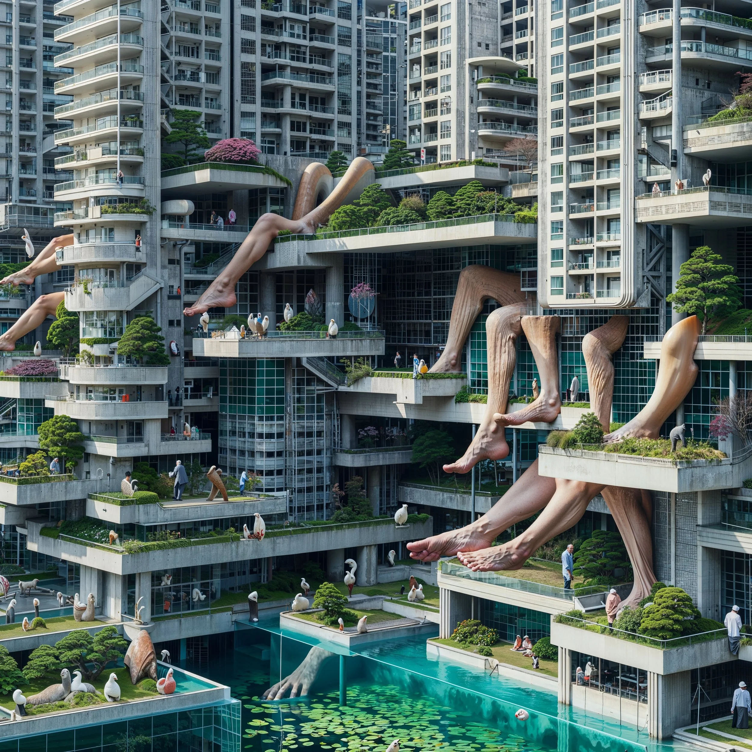 A surreal architectural scene with towering apartment buildings, giant legs, arms, and feet emerging from balconies, along with oversized bird sculptures and water features surrounding the structures.