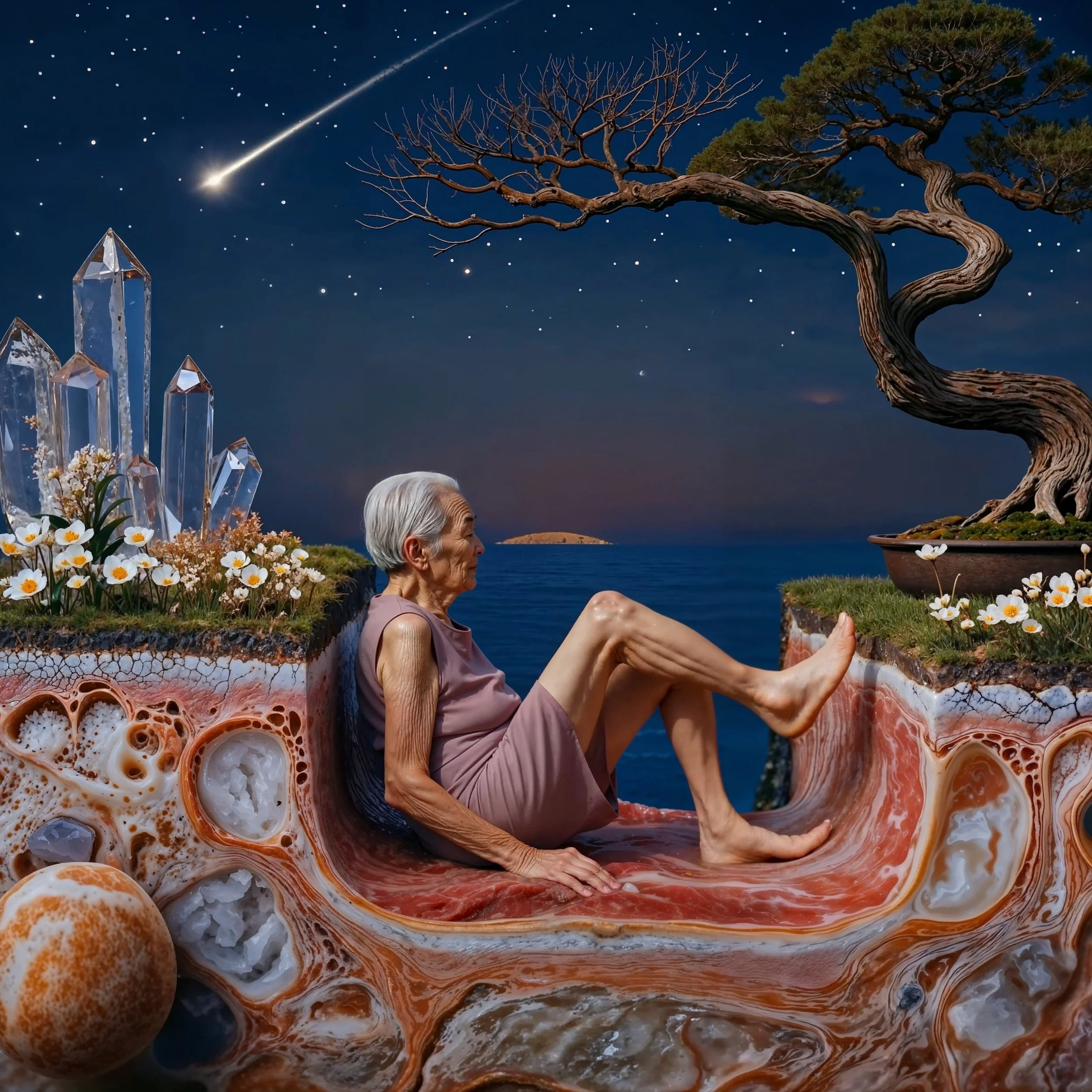 Elderly woman sitting on swirling, patterned surface resembling a cross-section of stone or mineral, by the sea at night. The scene features a starry sky with shooting star, a gnarled tree, flowers, and crystal formations.