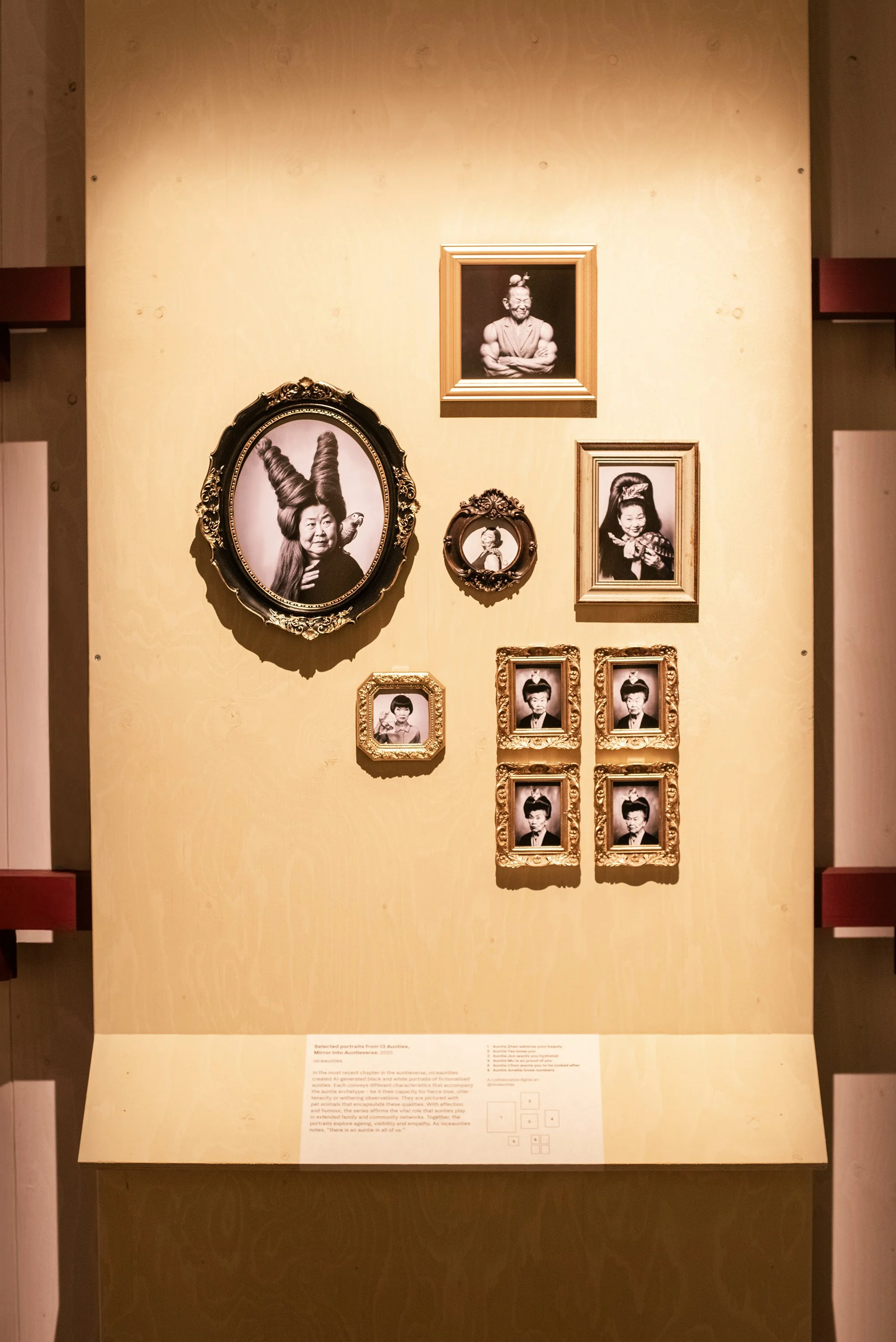 A display of photographs on a beige wall, including black-and-white portraits of a woman with elaborate hair and costumes, four smaller portraits of children, and other framed images.
