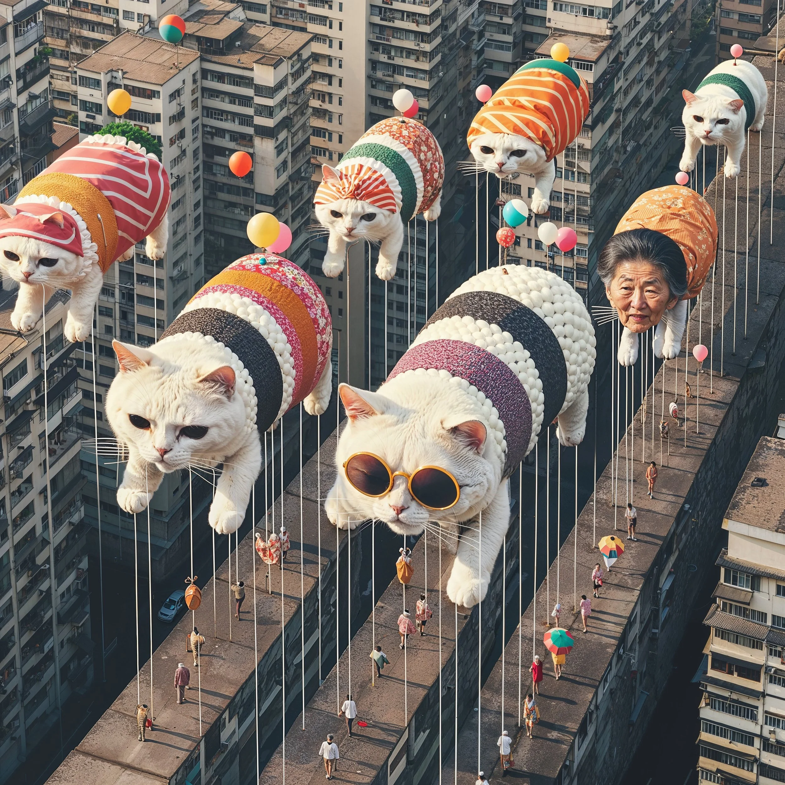 A surreal image of giant cats wearing colorful clothing walking on tightropes high above a city street, with people walking below and skyscrapers in the background.