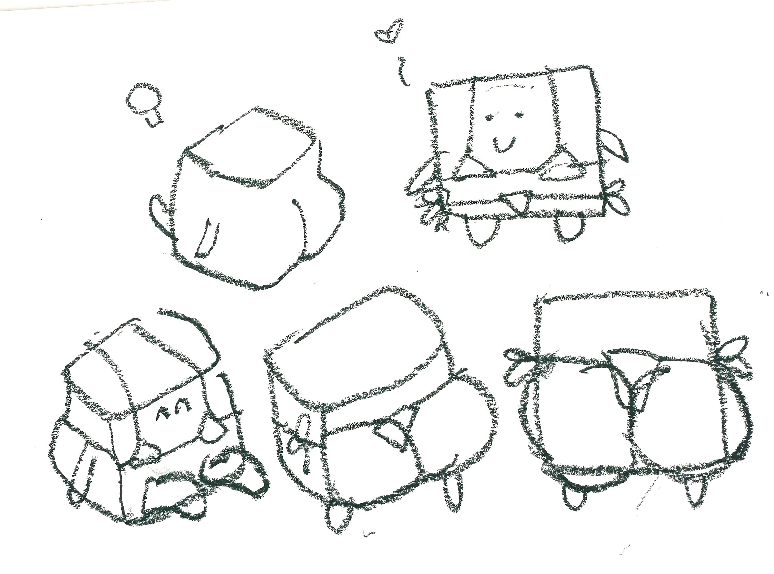 Sketch of five small, cartoon-style chairs with smiling faces, drawn with a rough black crayon on a white background.