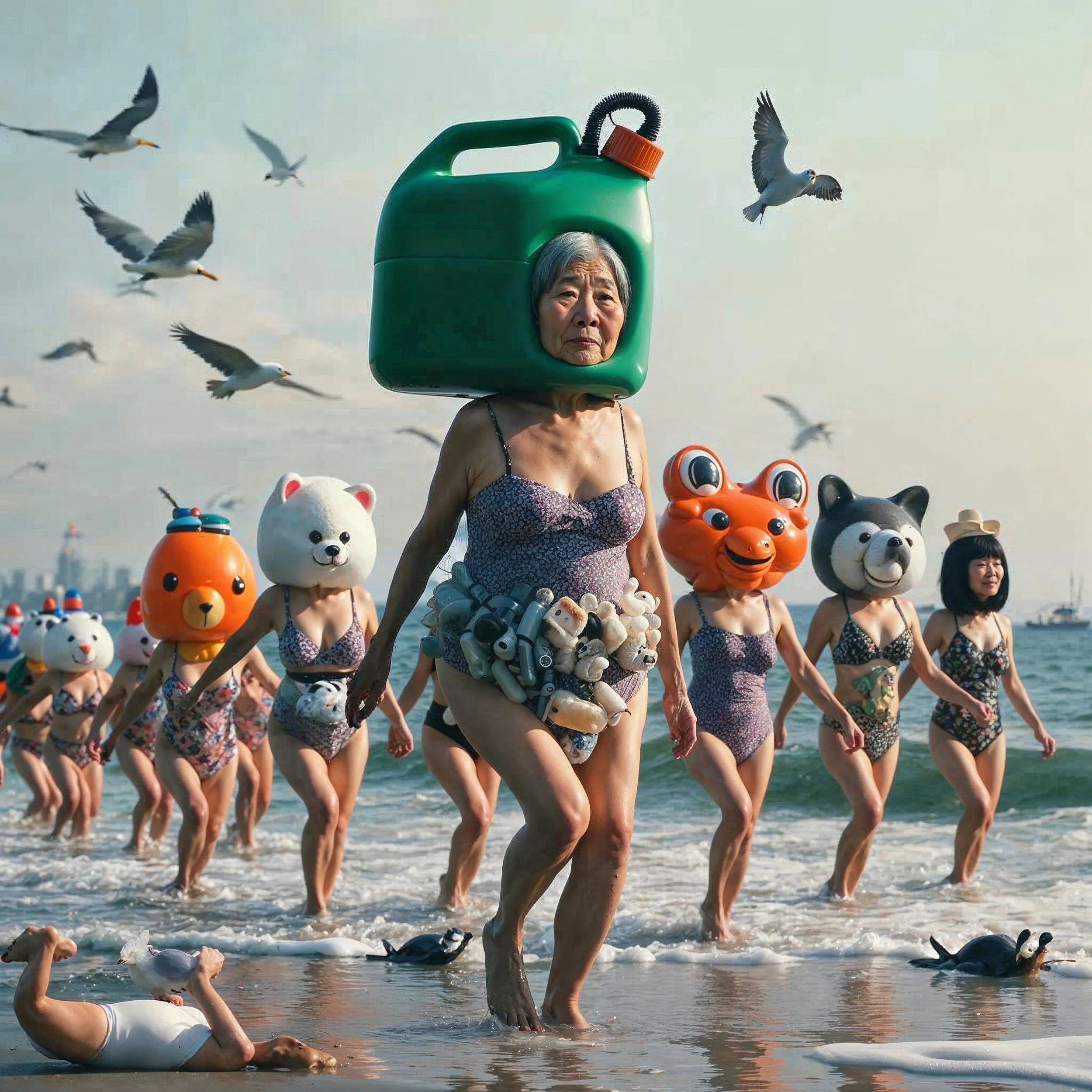 A group of women wearing swimsuits and animal masks, including bear, tiger, wolf, and other animals, walking in the ocean with seagulls flying overhead. One woman at the front wears a large green gallon-shaped mask with a woman’s face visible inside.