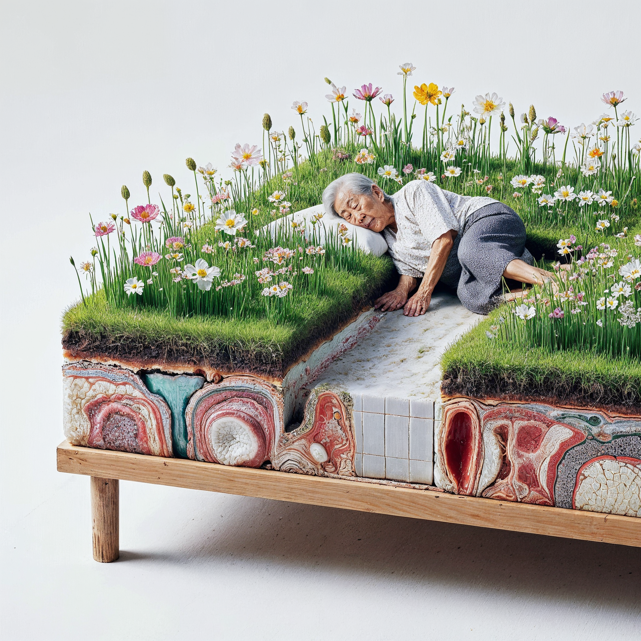 a nice auntie sleeping on a grass and meat bed