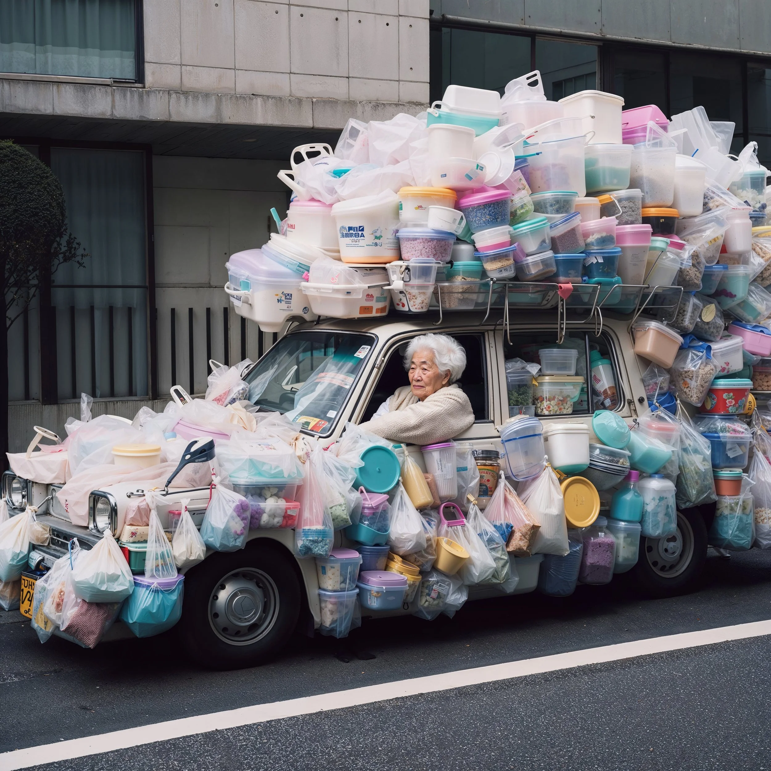 An elderly woman sitting in the driver seat of a small car loaded with numerous plastic containers, bags, and household items covering the car entirely and overflowing onto the roof.