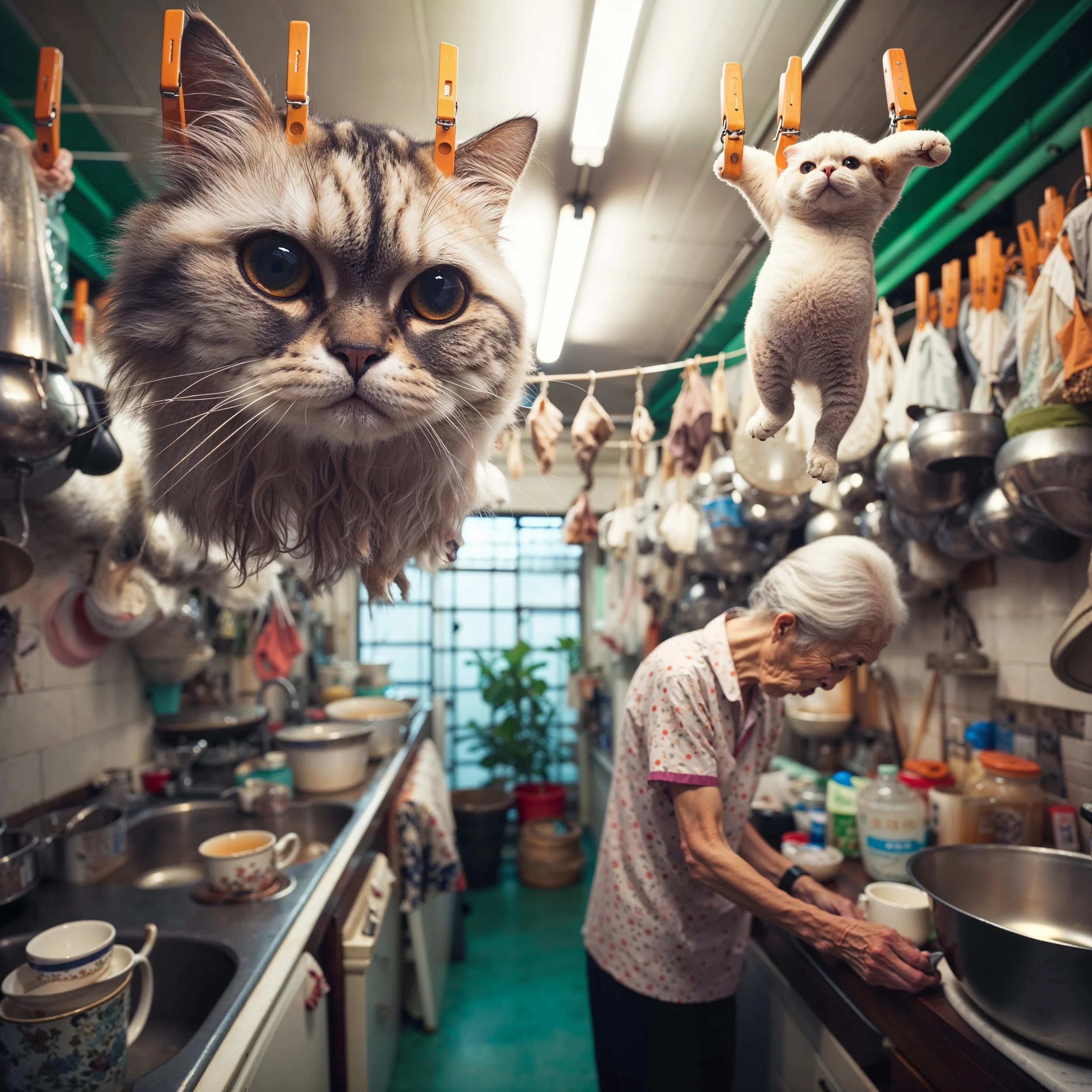 A collage combining a close-up of a cat and a dog hanging from clothespins in the foreground, with an elderly woman cooking in a kitchen in the background.
