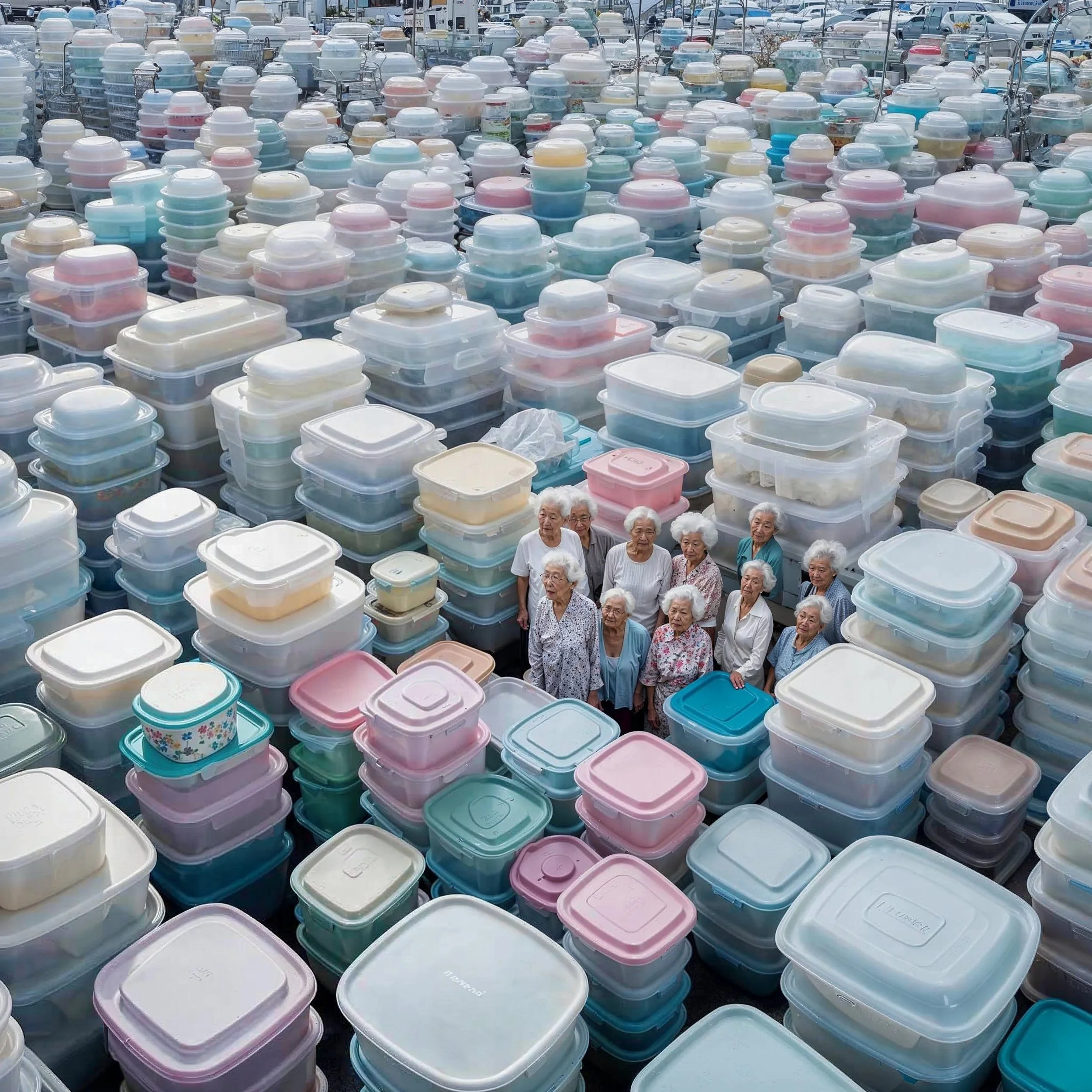 A group of elderly women standing among large stacks of colorful plastic containers outdoors.