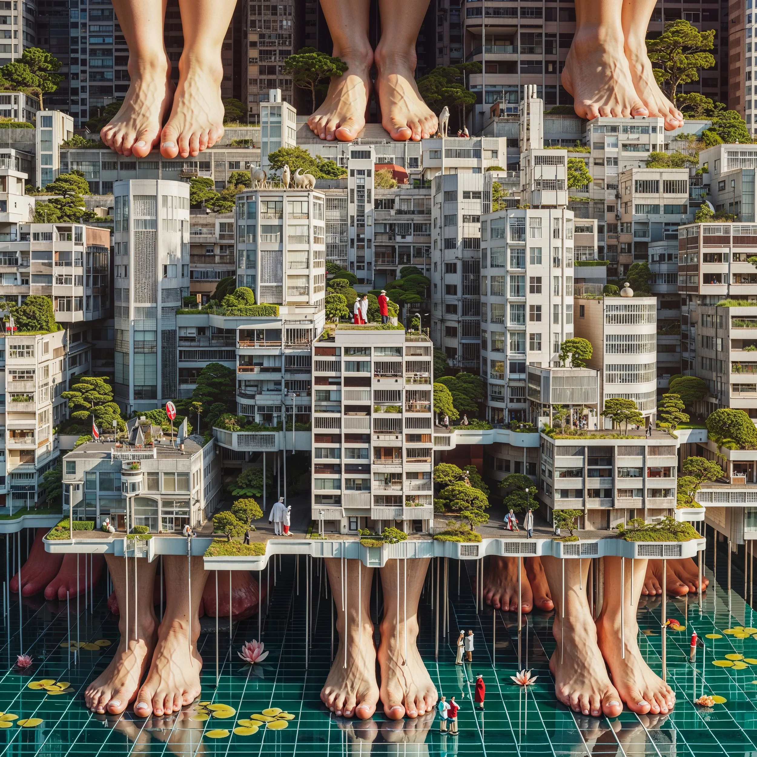 A surreal and imaginative cityscape with giant human feet at the top, towering over buildings with greenery and paper lanterns below. The scene appears to be a digital art collage.