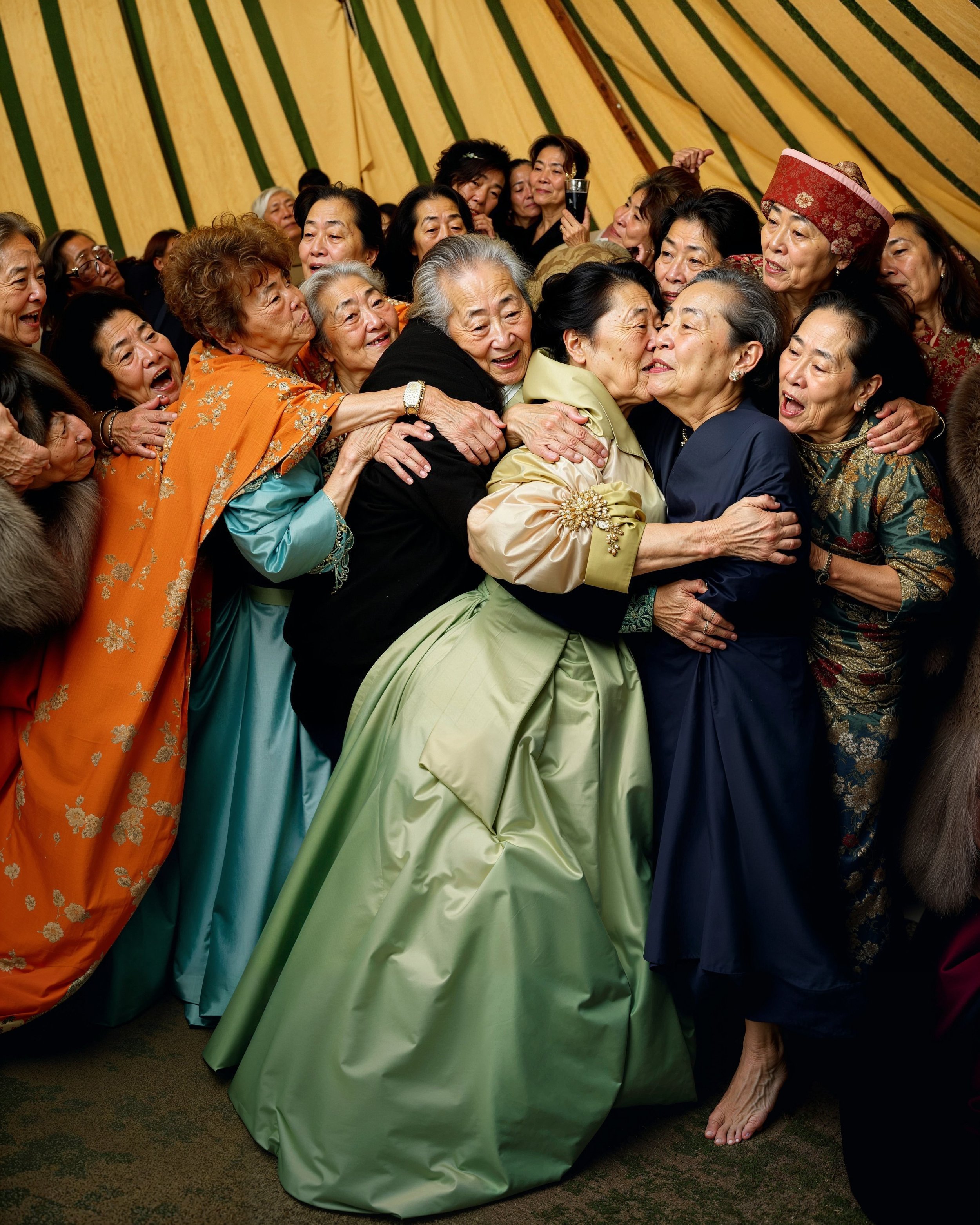 Group of elderly women in colorful traditional dresses hugging and celebrating inside a large yellow and green tent.