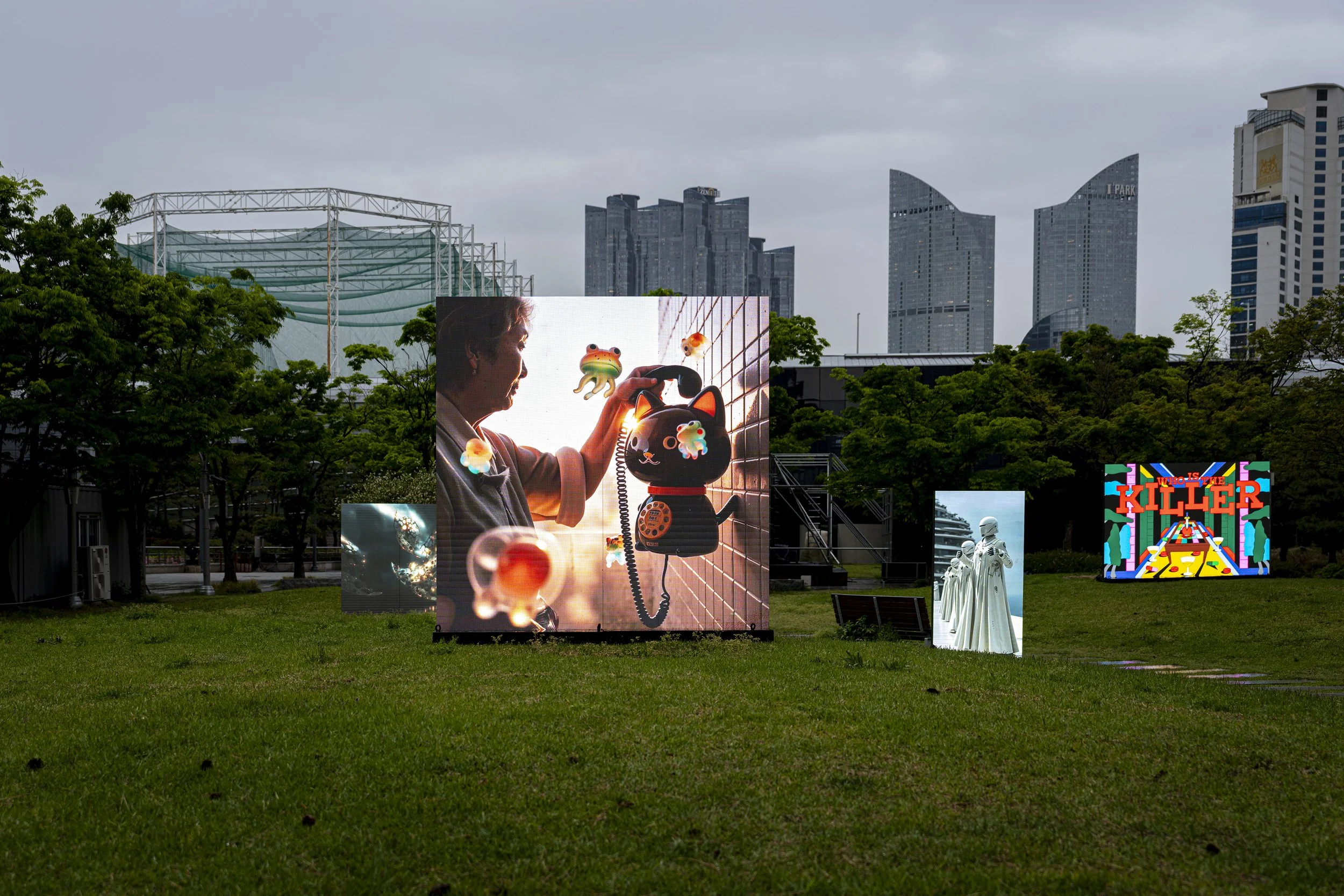 "19:19" by niceaunties on a 2x2m outdoor LED screen, Busan Museum of Art Sculpture Garden. Digital Subculture: Narrative & Story in the Digital Era, 23 April to 28 June 2026